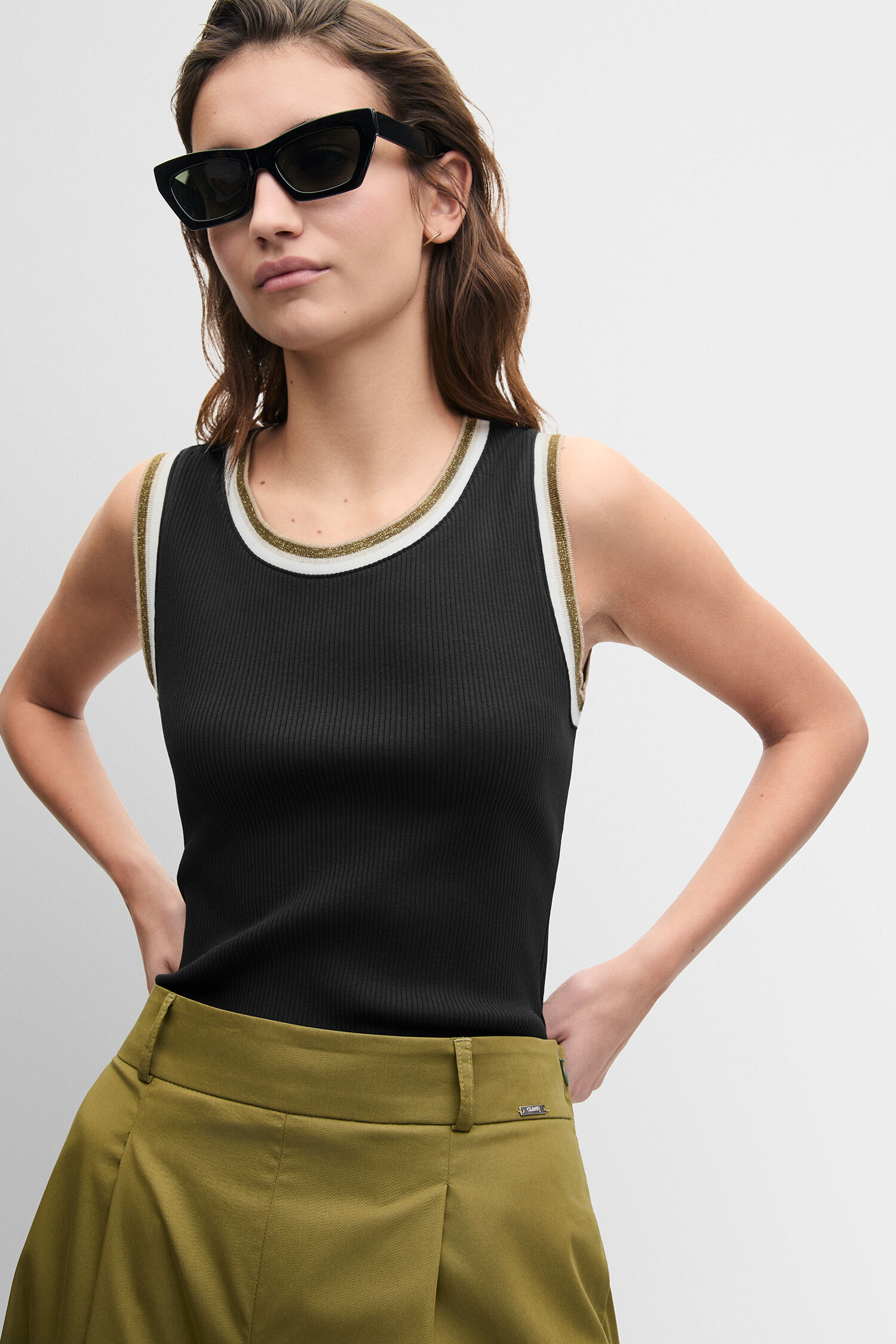 Tanktop, schwarzes Top, Rippstrick, sleeveless, Kontrast-Paspel