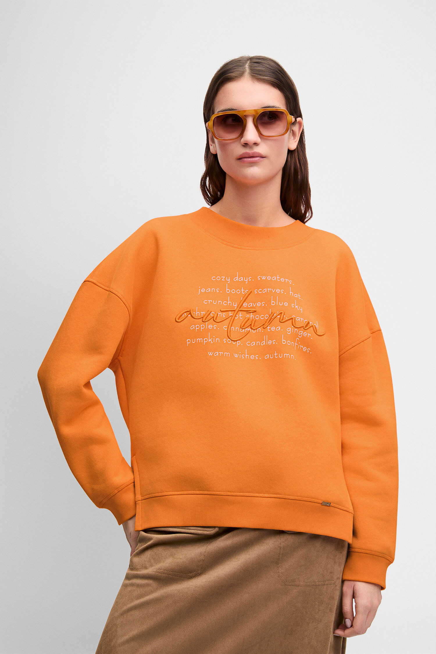 sweatshirt, orange, oversized, text print, glasses not included