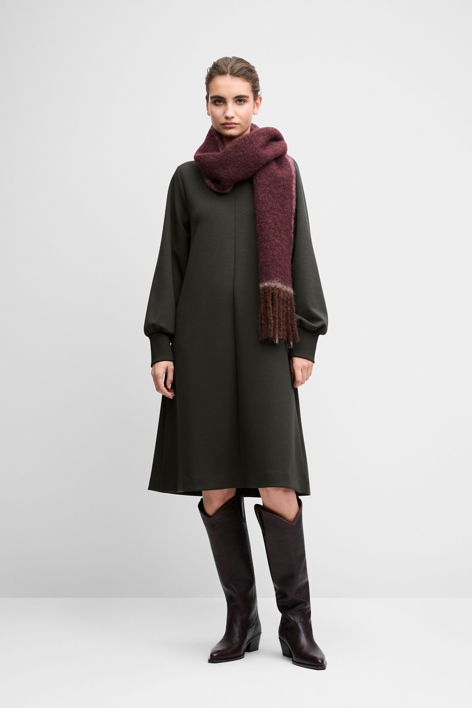 Mantel, Midi-Mantel, Schal, Schulterstulpen?, Overknee-Stiefel