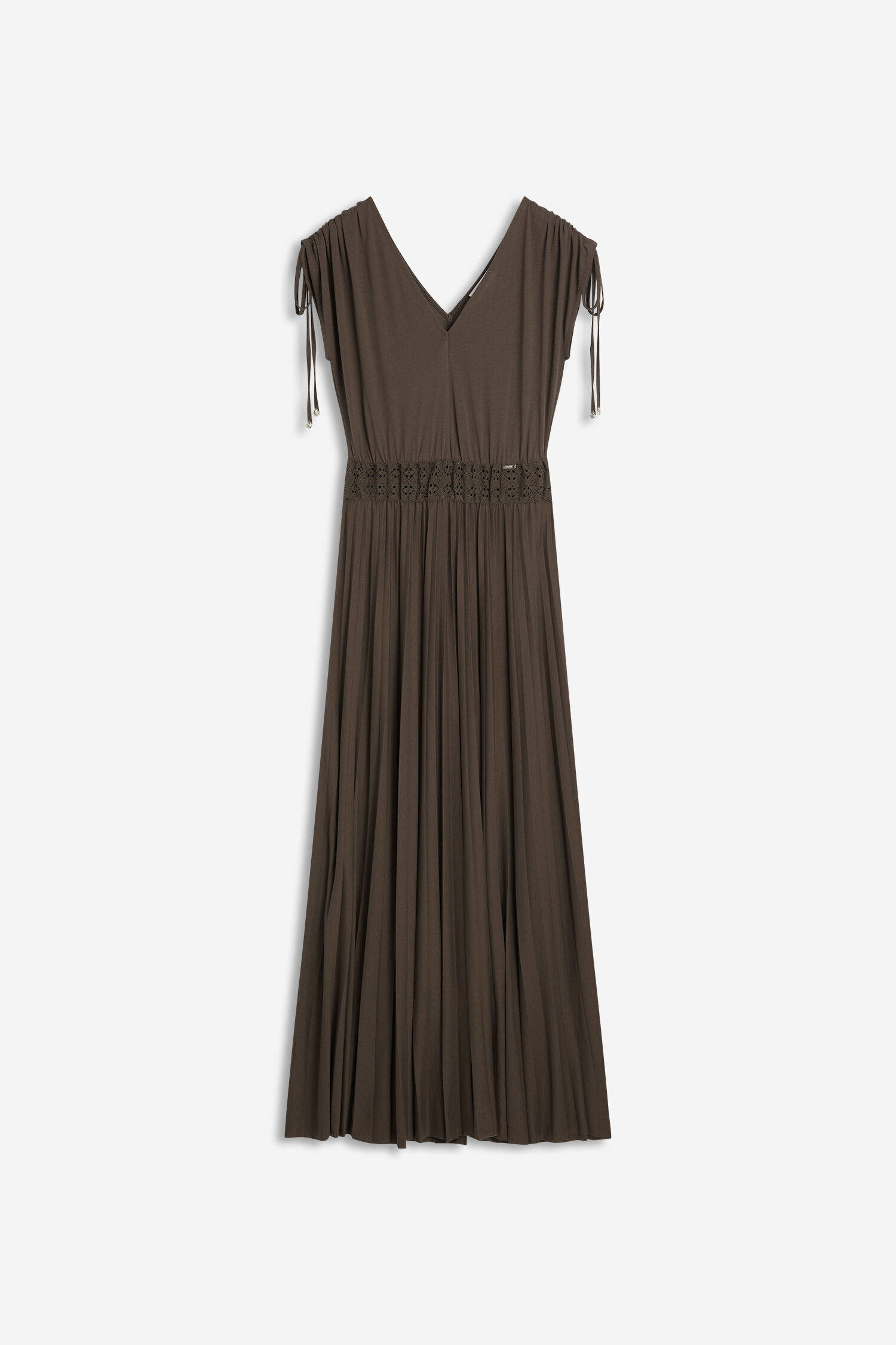 dress, maxi, braided waist, brown, pleated
