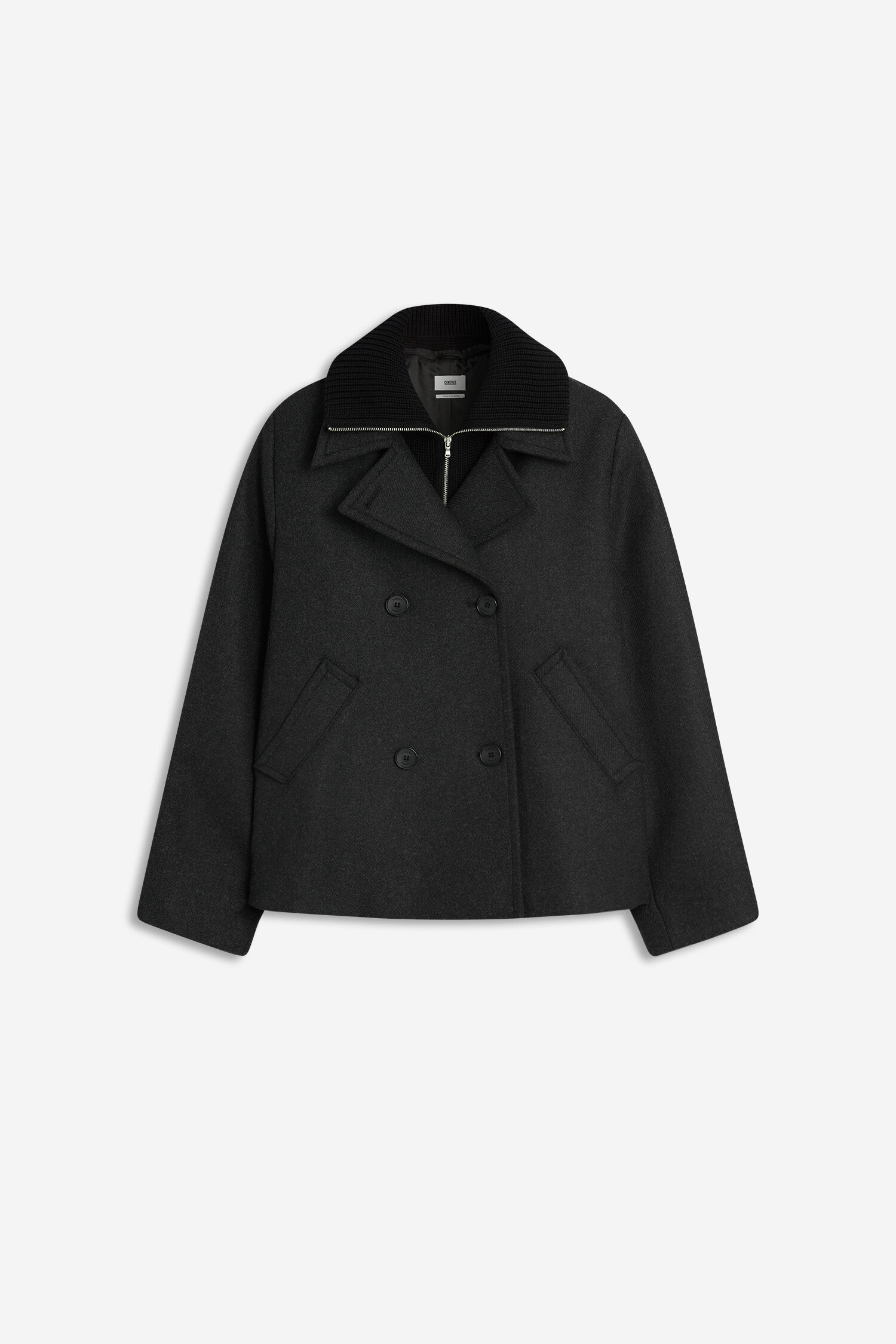 Dunkelgraue Jacke, Wolljacke, Parka, Reverskragen, Knopfleiste
