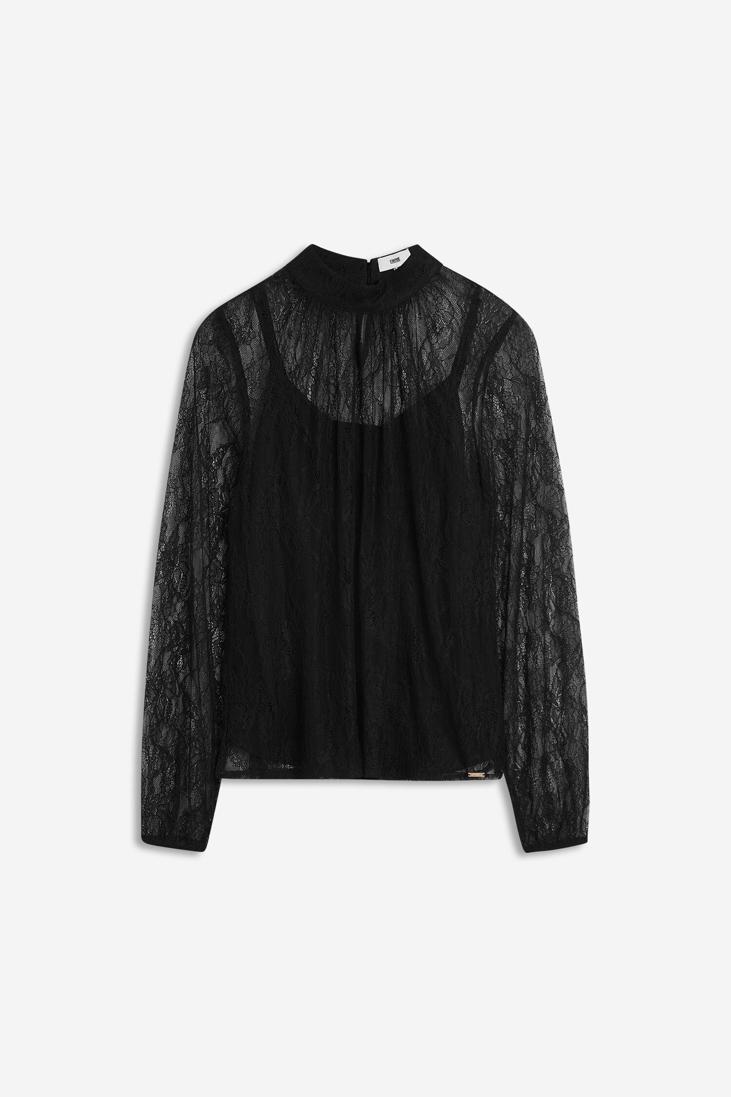 Lace top, Black blouse, High neck, Long sleeves, Sheer fabric