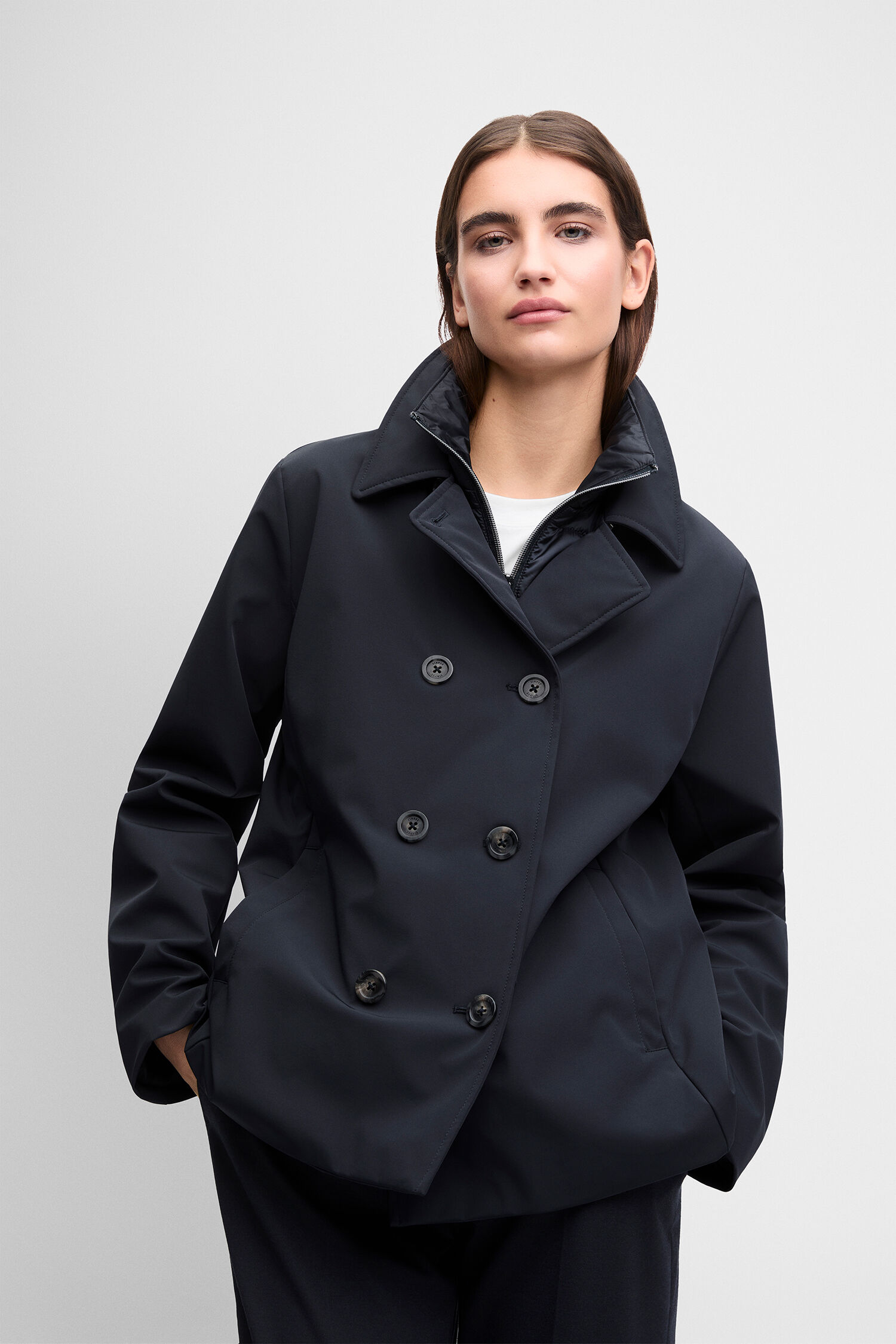 dunkelblauer Mantel, Trenchcoat, Knopfleiste, Oversized, Jacke mit Reißverschluss innen