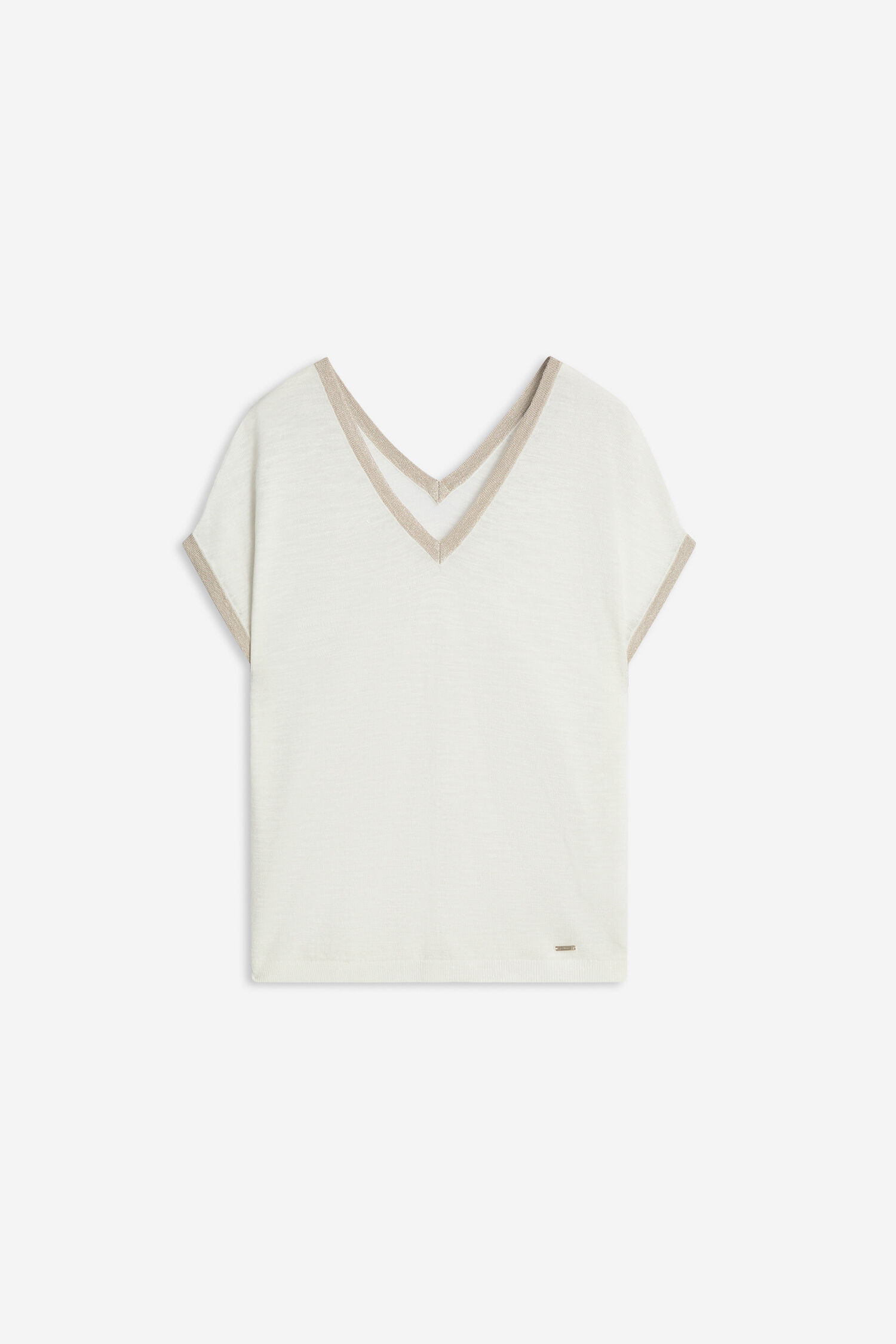 V-Ausschnitt, Kurze Ärmel, Strickoberteil, Creme, Beige Bündchen