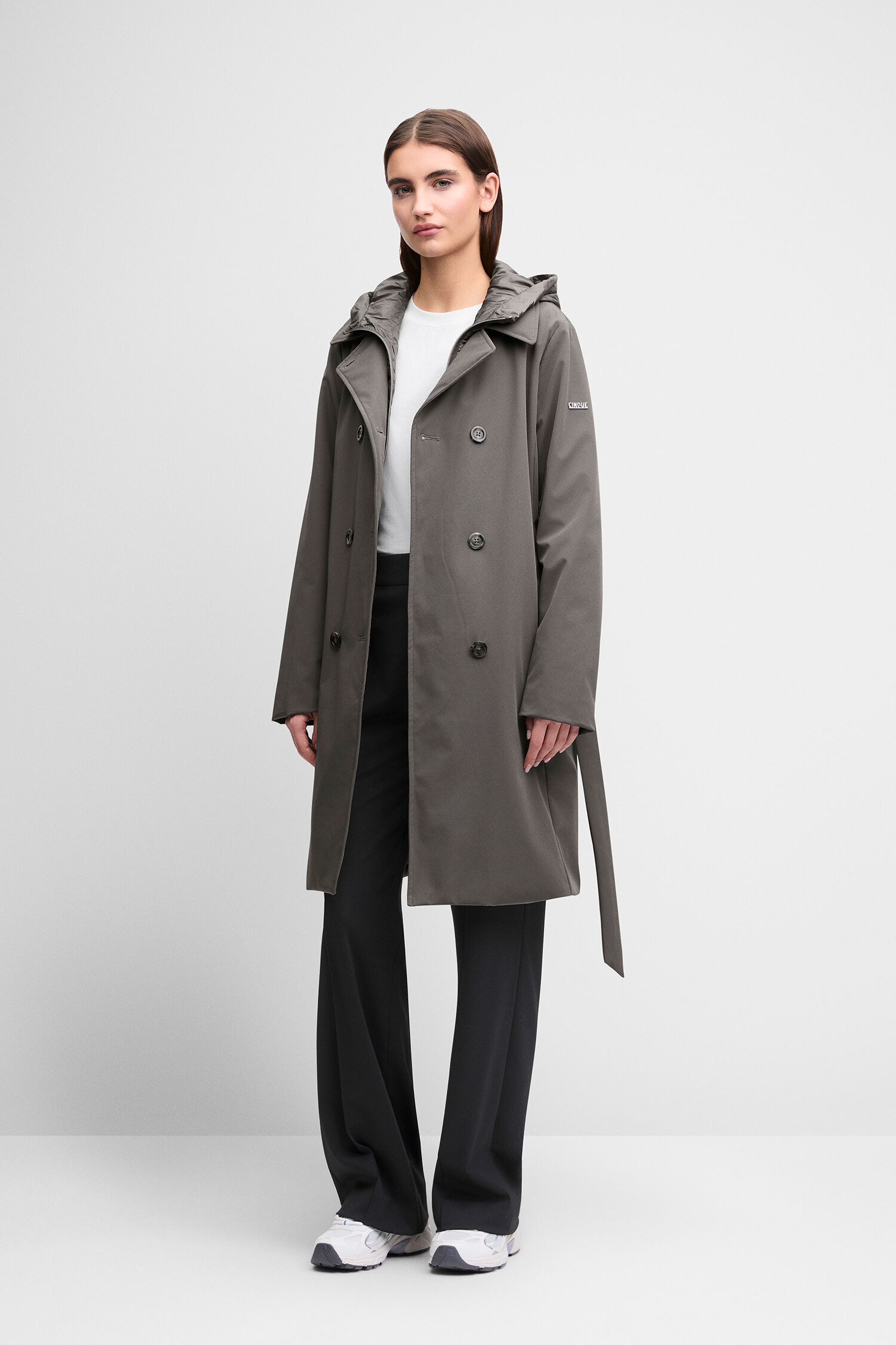 Trenchcoat, Kapuzenmantel, Graublau, Knopfverschluss, gerade Passform