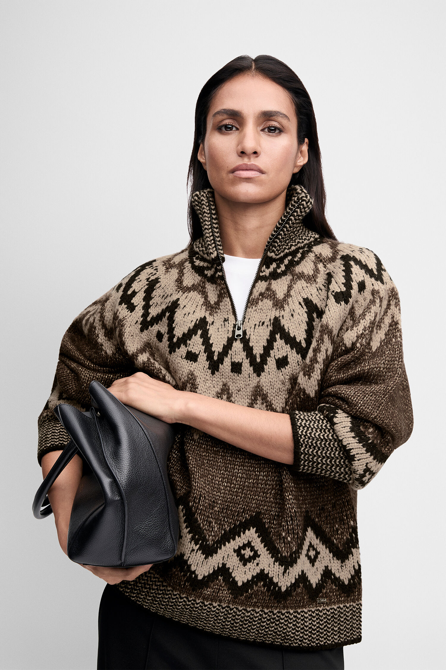 Strickpullover, Reißverschlusskragen, Norwegermuster, Beige-braun, Grober Strick