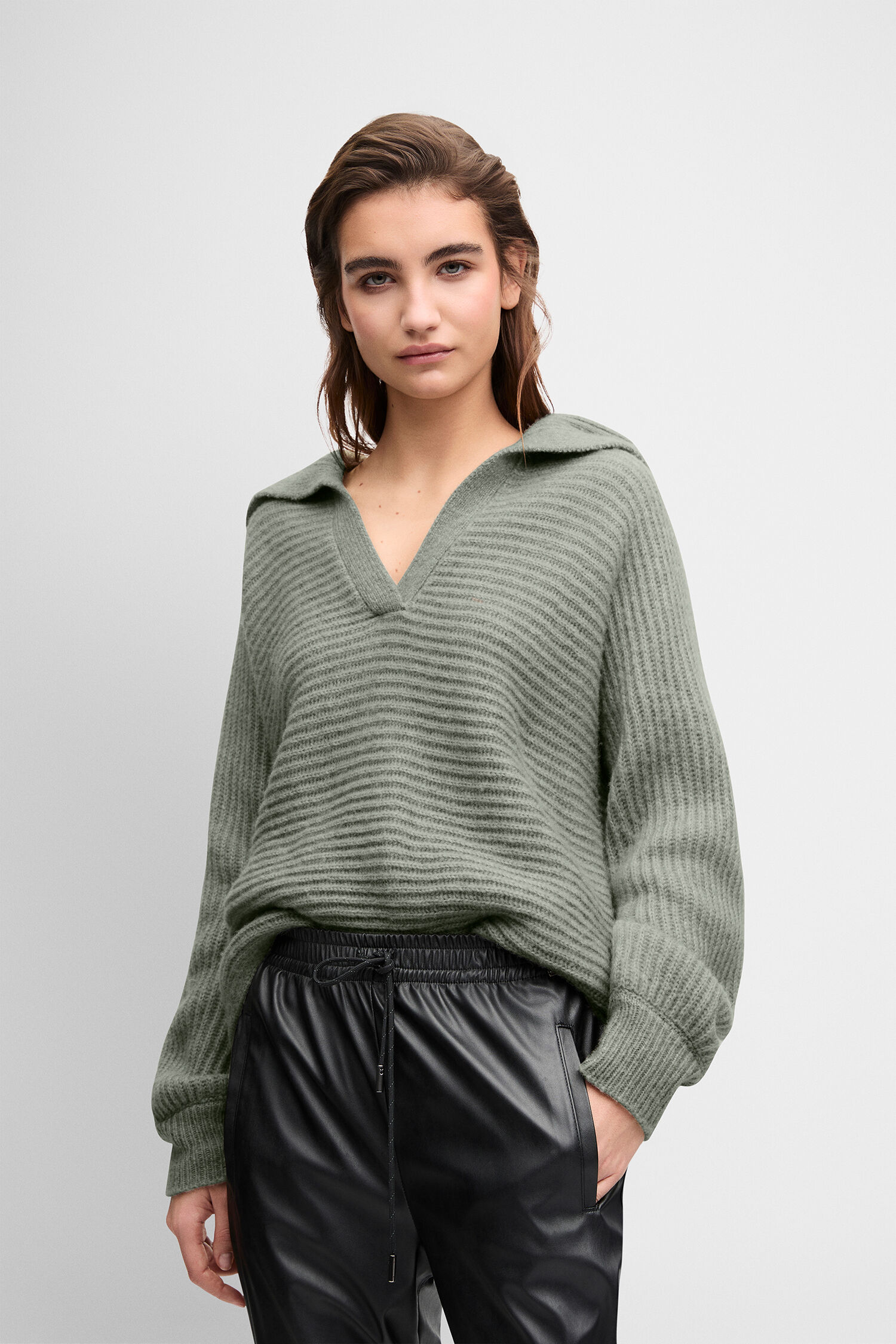 V-Pullover, Strickpullover, Kragenpullover, Oversize, Grün