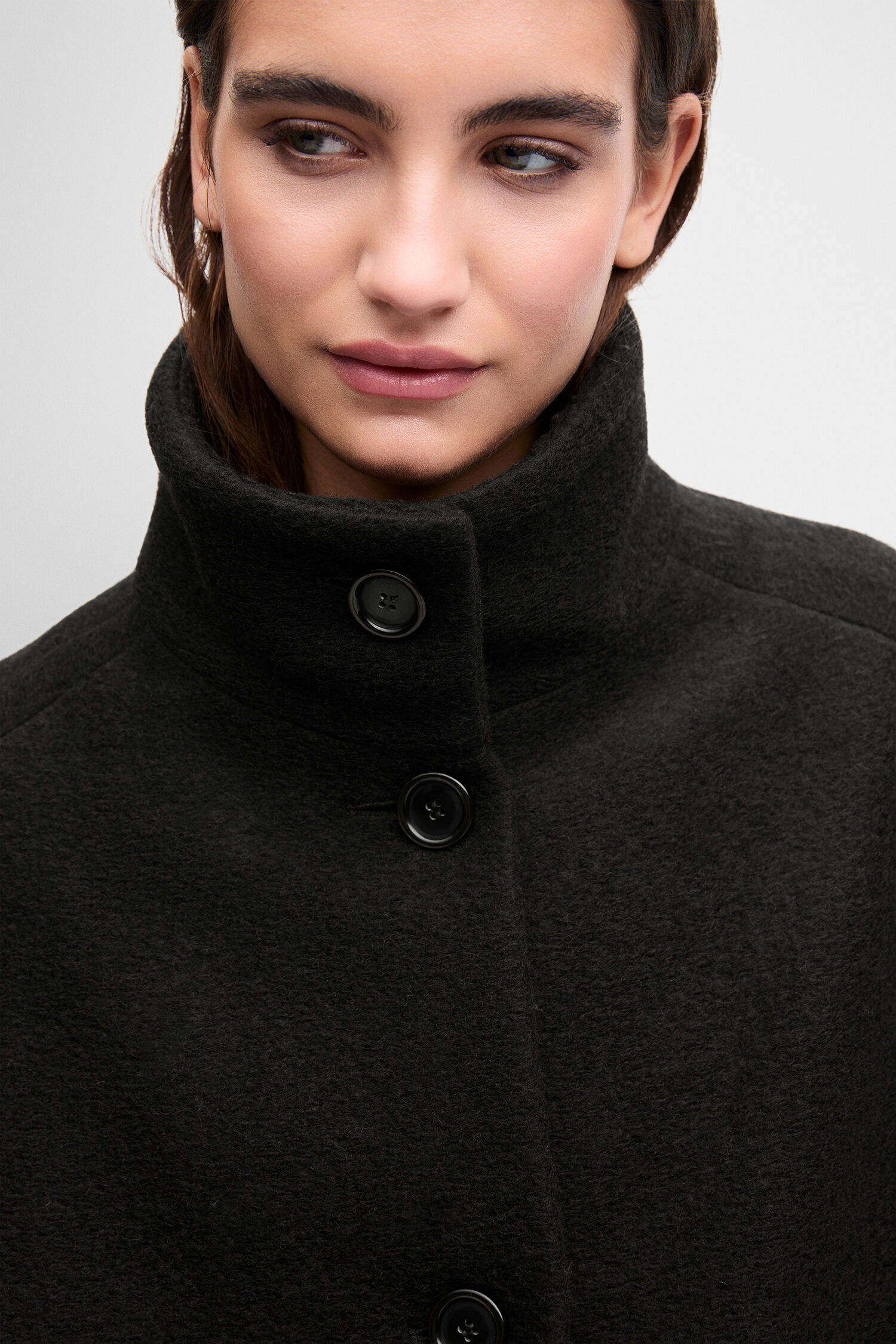 Wollmantel, Oversized, Schwarz, Knopfverschluss, Kragen