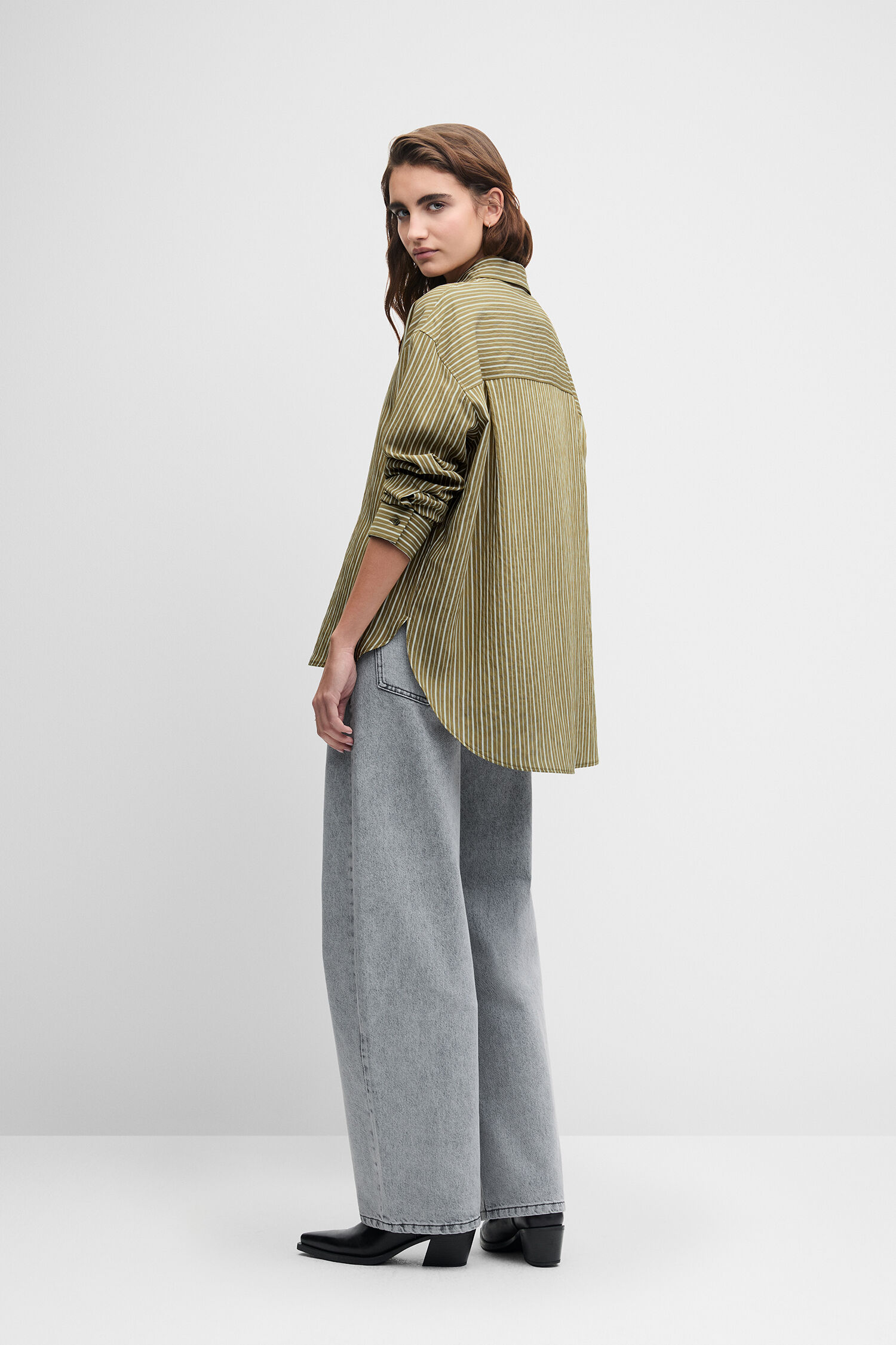 Oversized shirt, Striped shirt, Olive green, Collared shirt, Longline