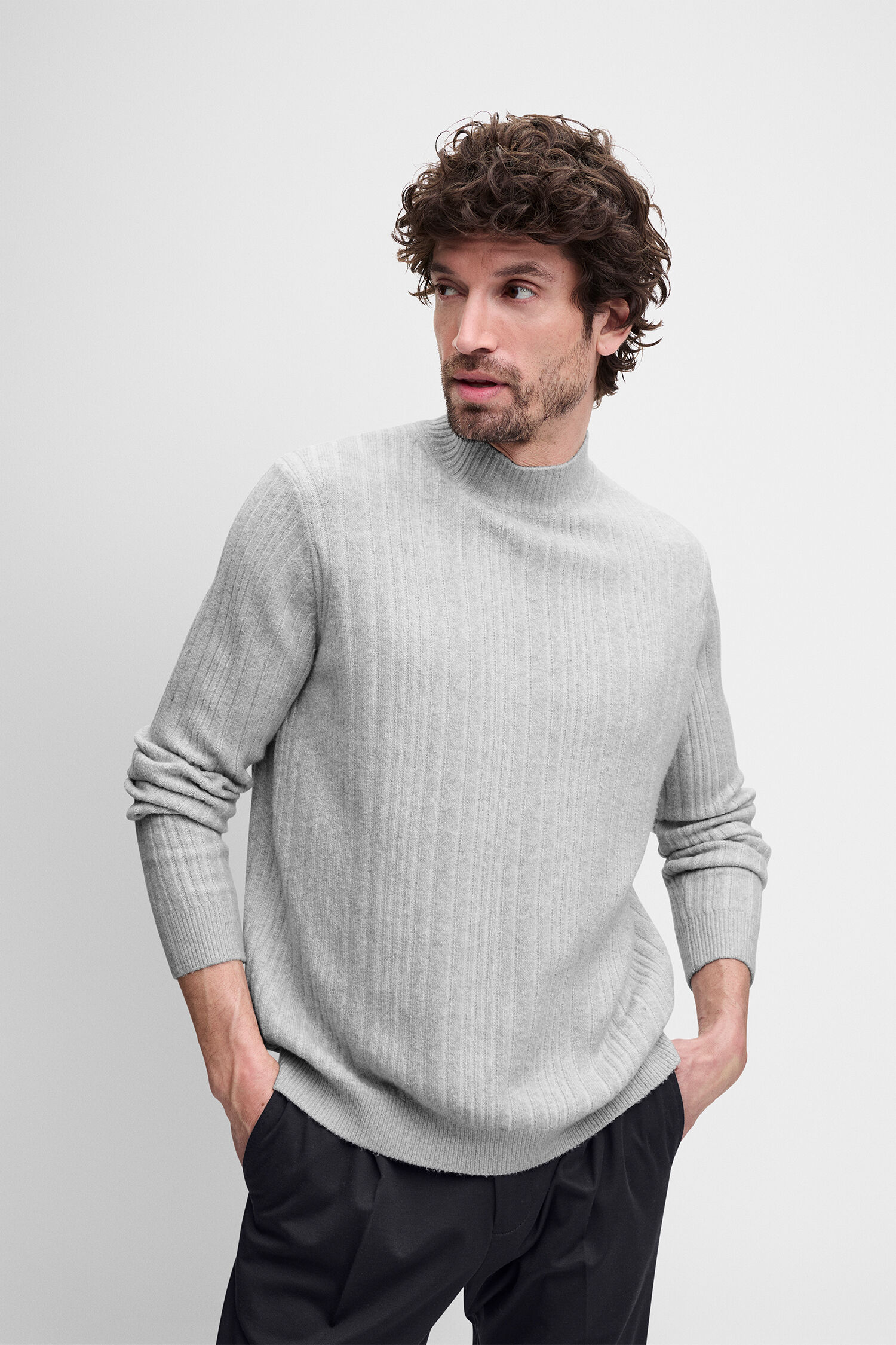 Pullover, Rippenstrick, Grauer Mantel, Kokonfektion, Langarm