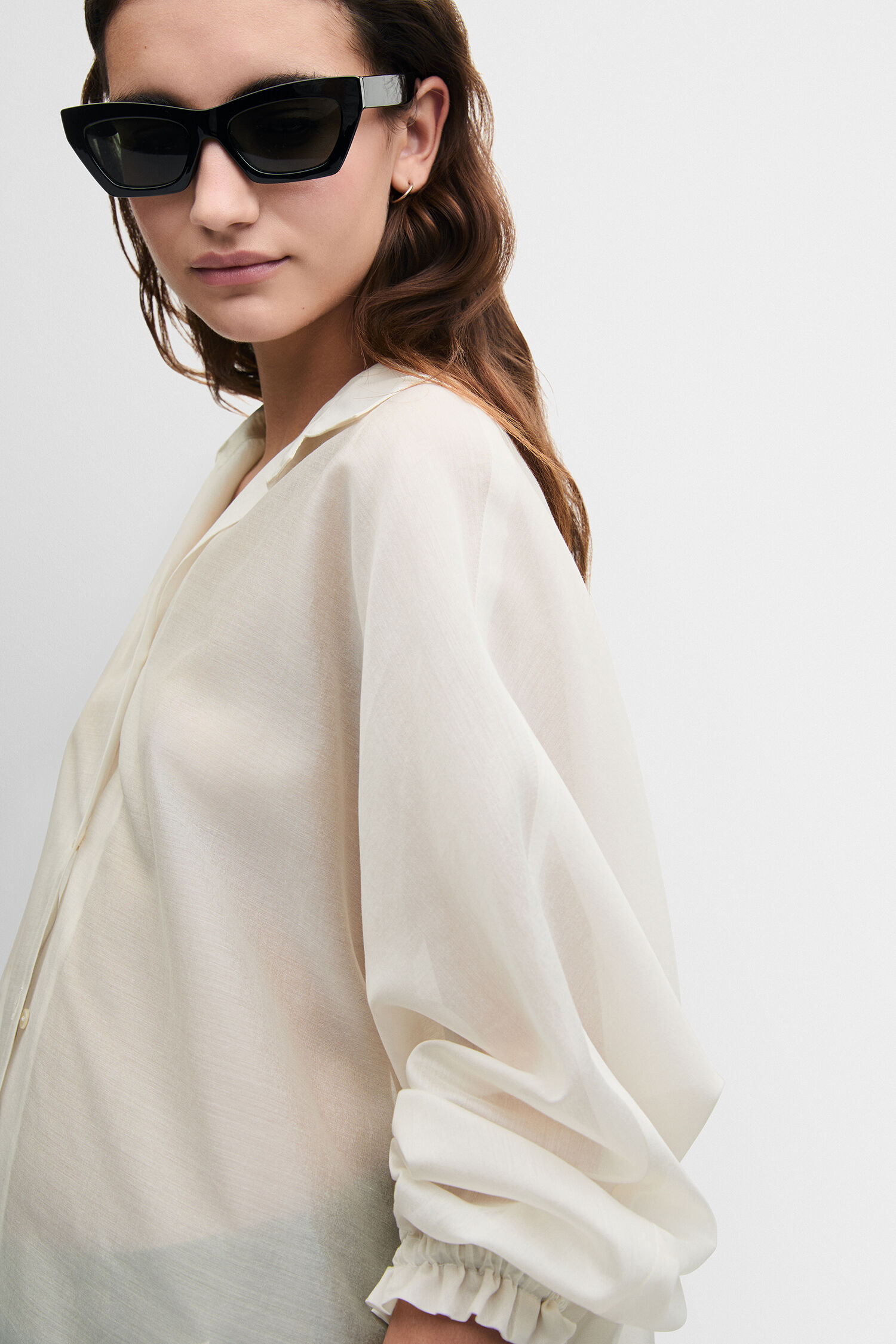Bluse, Weiß, Langarm, Kragen, Transparenz