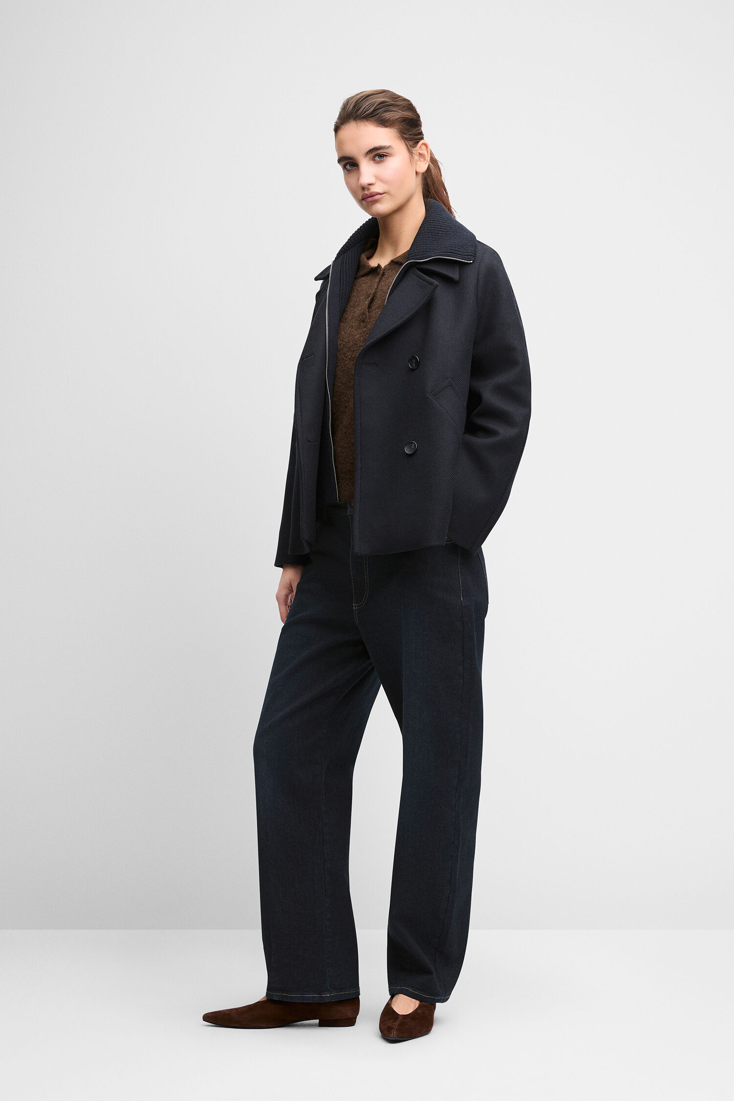 jacke, dunkelblau, wolljacke, reverskragen, braun
