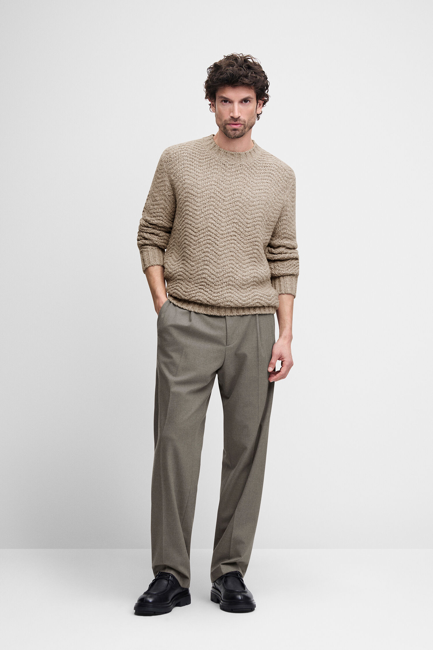 Knit sweater, Beige, Waffle knit, Crew neck, Casual pants