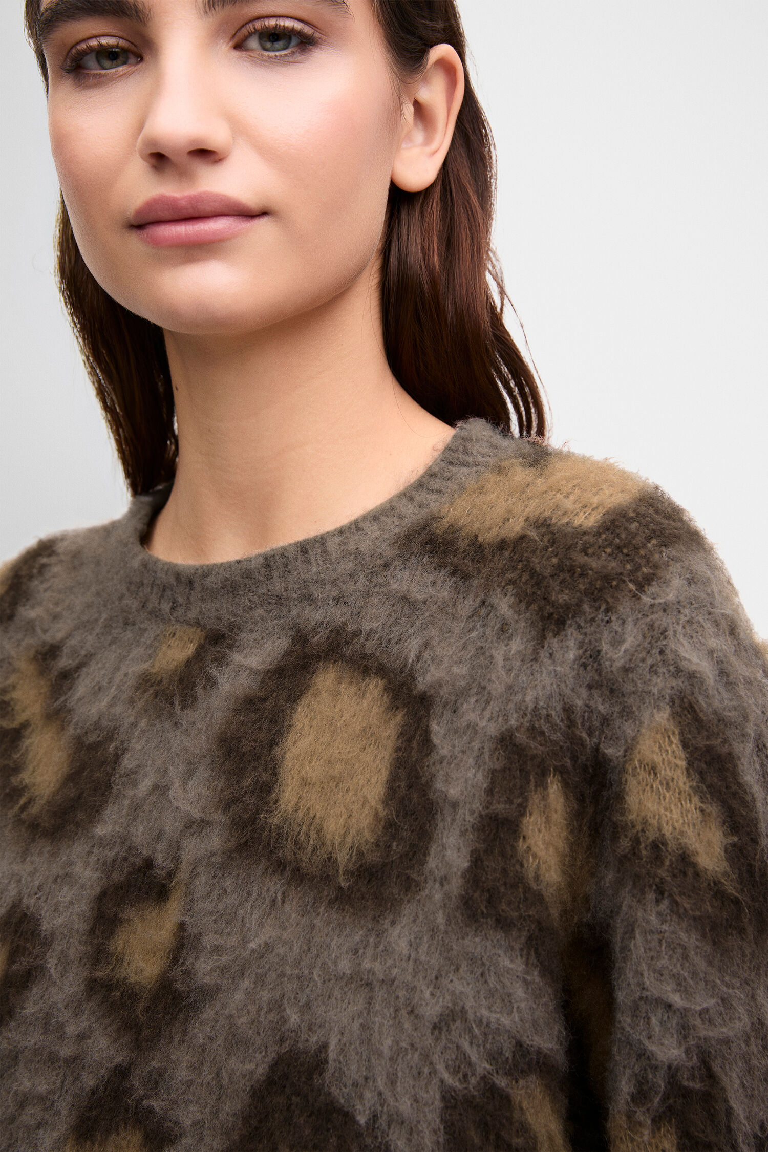 Leopardenmuster, Pullover, Kunstfell, Oversized, Graue Töne