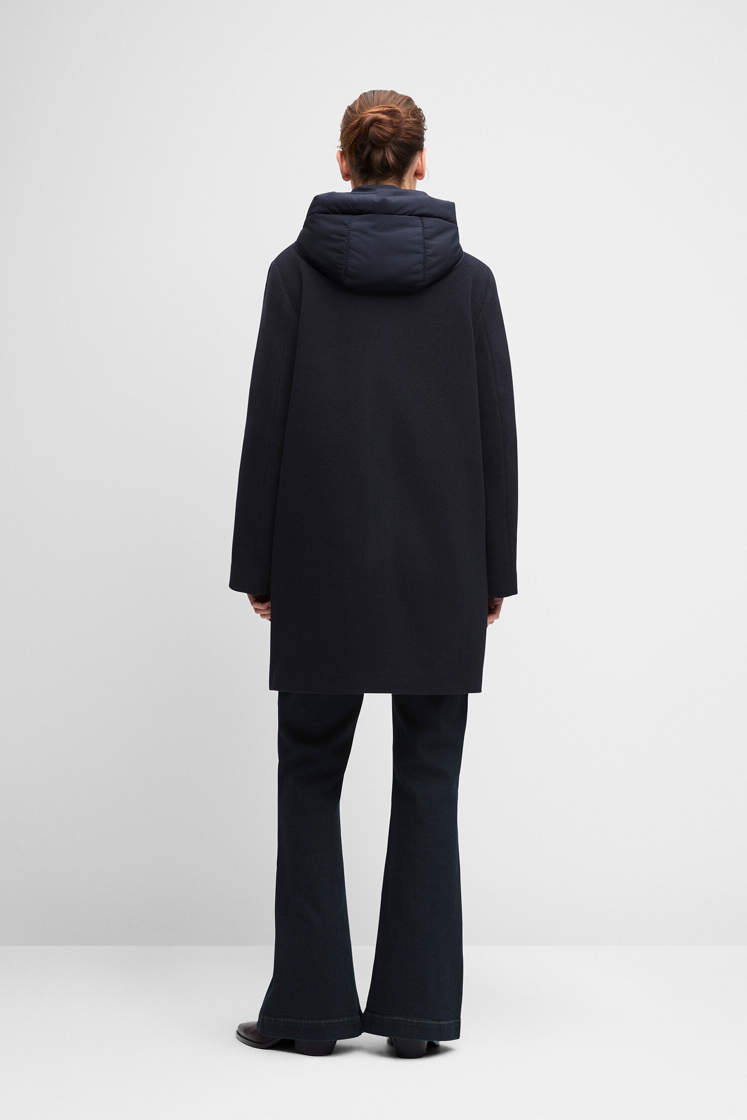 Mantel, hooded, dunkelblau, lang, Rückansicht