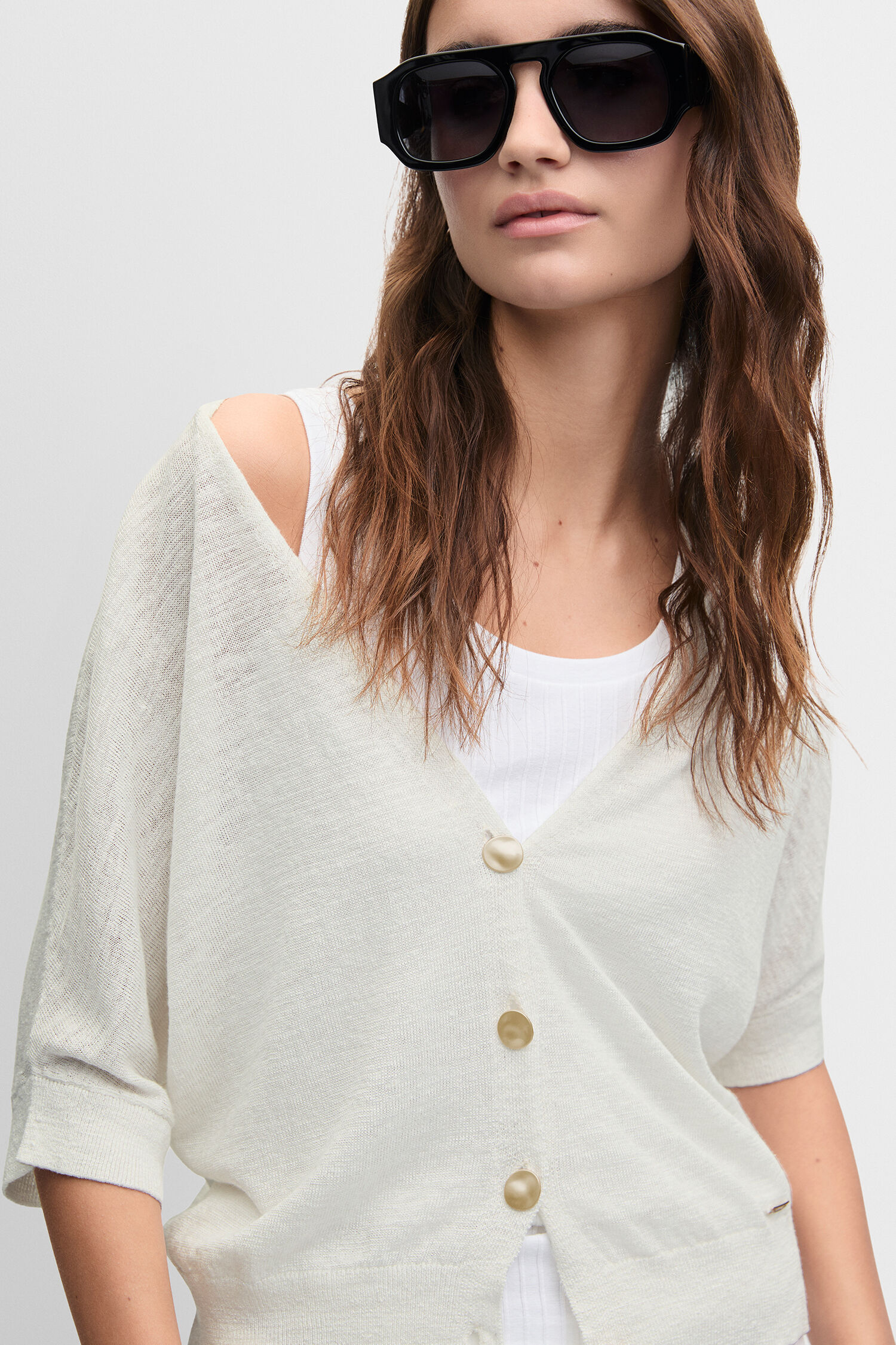 Sonnenbrille, Oversized, Cardigan, Knopfleiste, Weiß