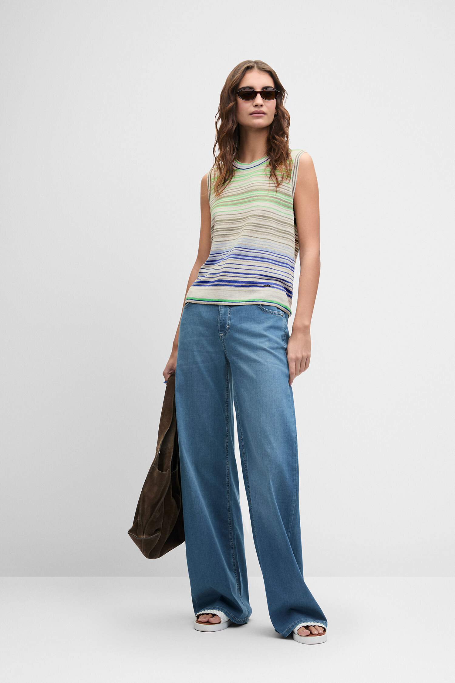 Tanktop, Gestreift, Pastellfarben, Gestrickt, Blaue Jeans