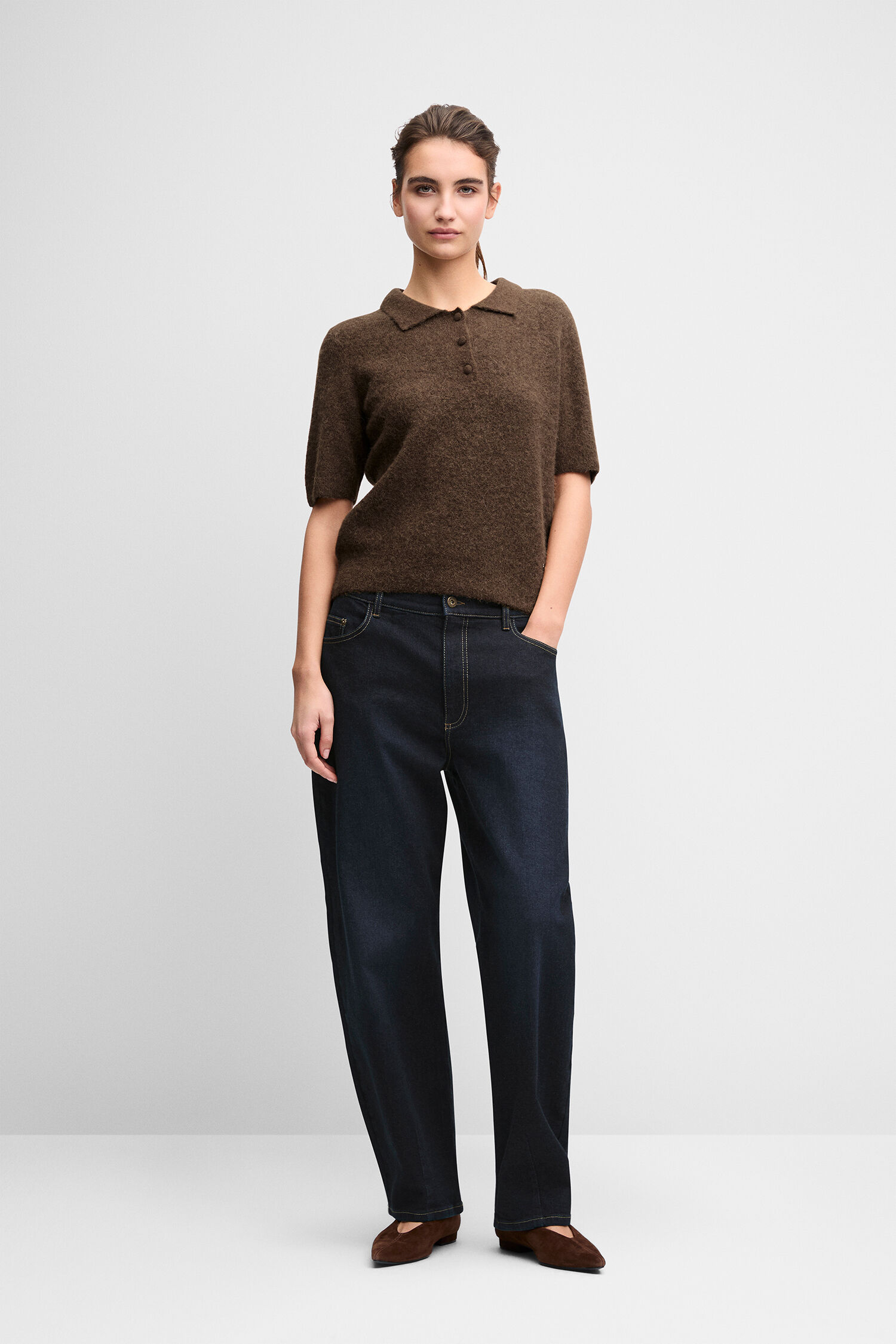 Polo-Shirt, Hemd-Top, Kurzarm, Kuschelstoff, Braune Farbe