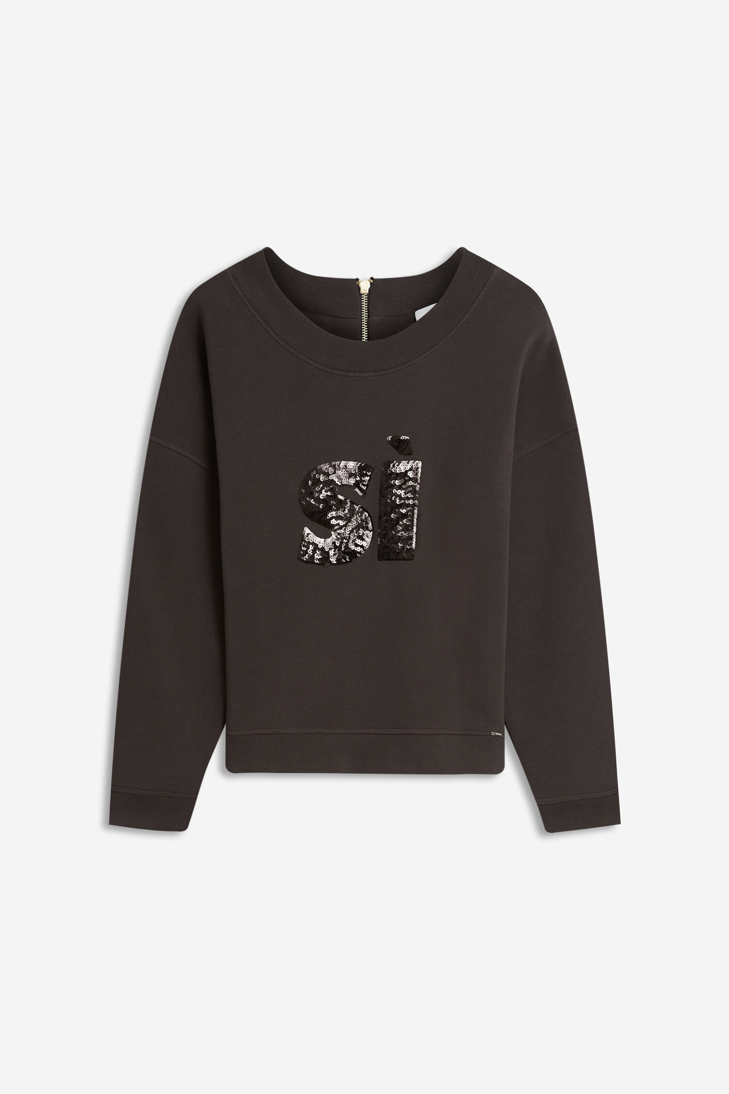 Sweatshirt, Dunkelbraun, Sequins-Logo, Langarm, Rundhalsausschnitt