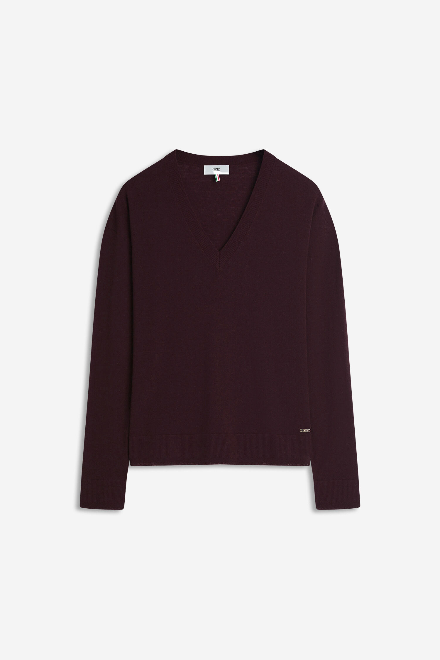 Pullover, V-Ausschnitt, Burgunderrot, Langarm, Kleidung