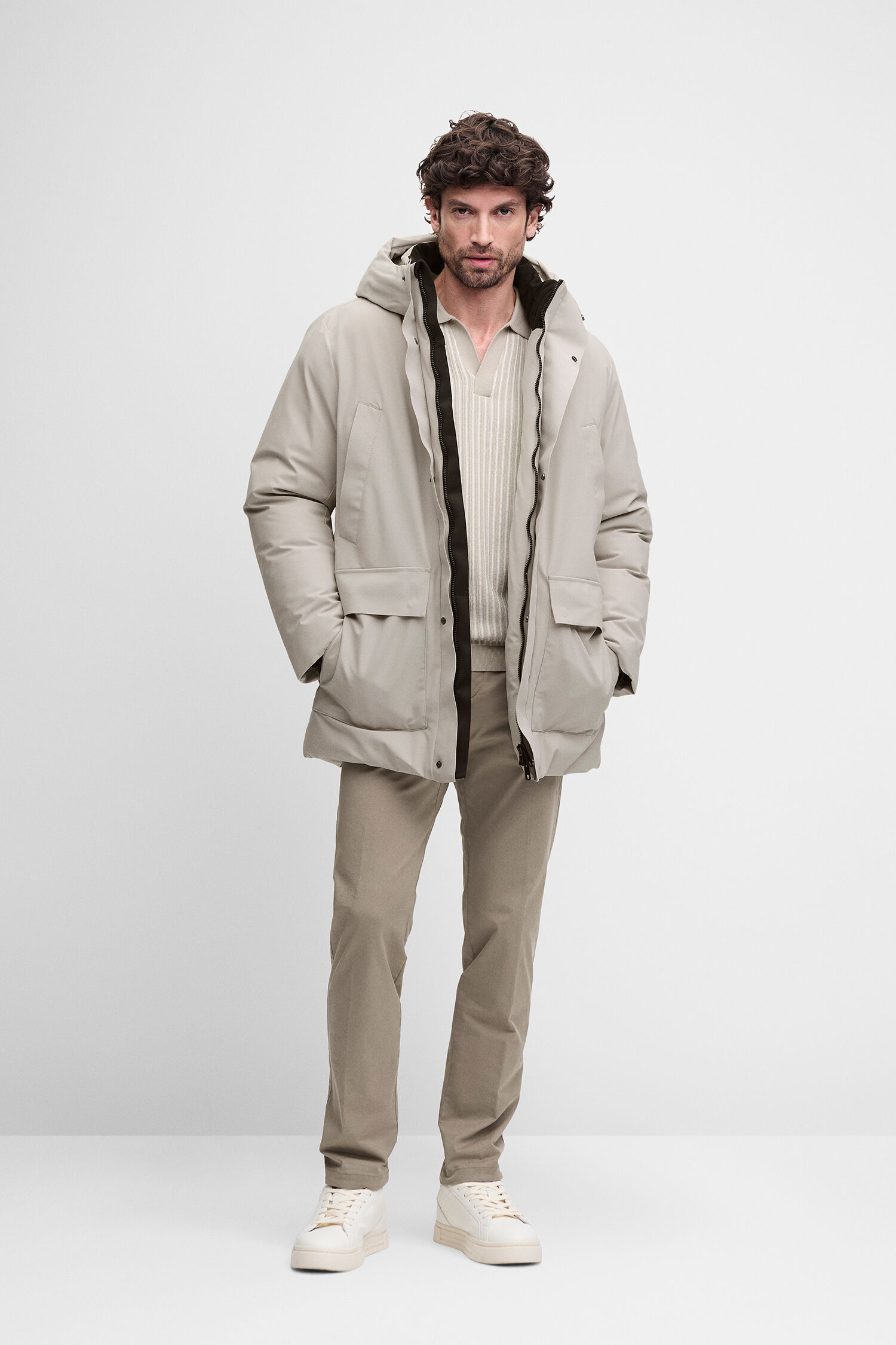 Puffer jacket, Beige, Hooded jacket, Layered look, Corduroy/knit sweater