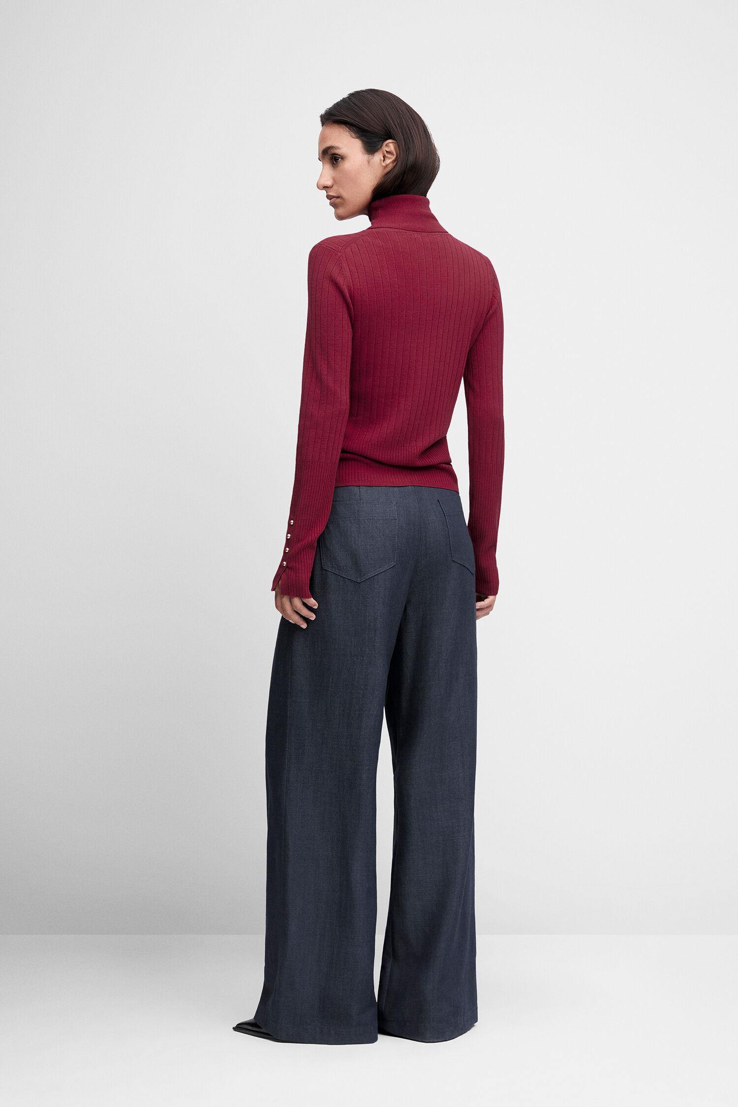 turtleneck, riibbed, burgundy, wide-leg, trousers