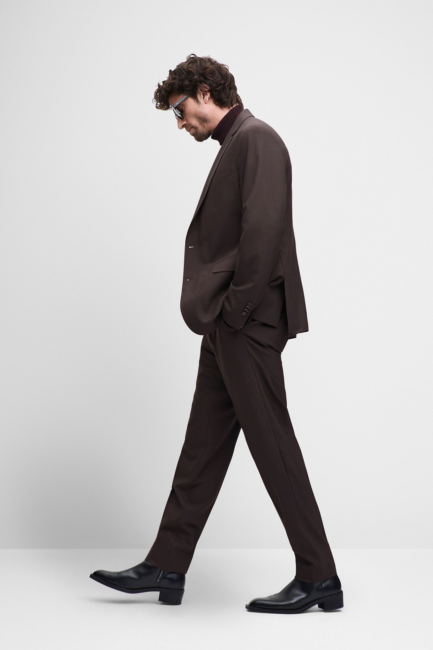 Anzug, Hemdloser, Dunkelbraun, Slim Fit, Lederschuhe