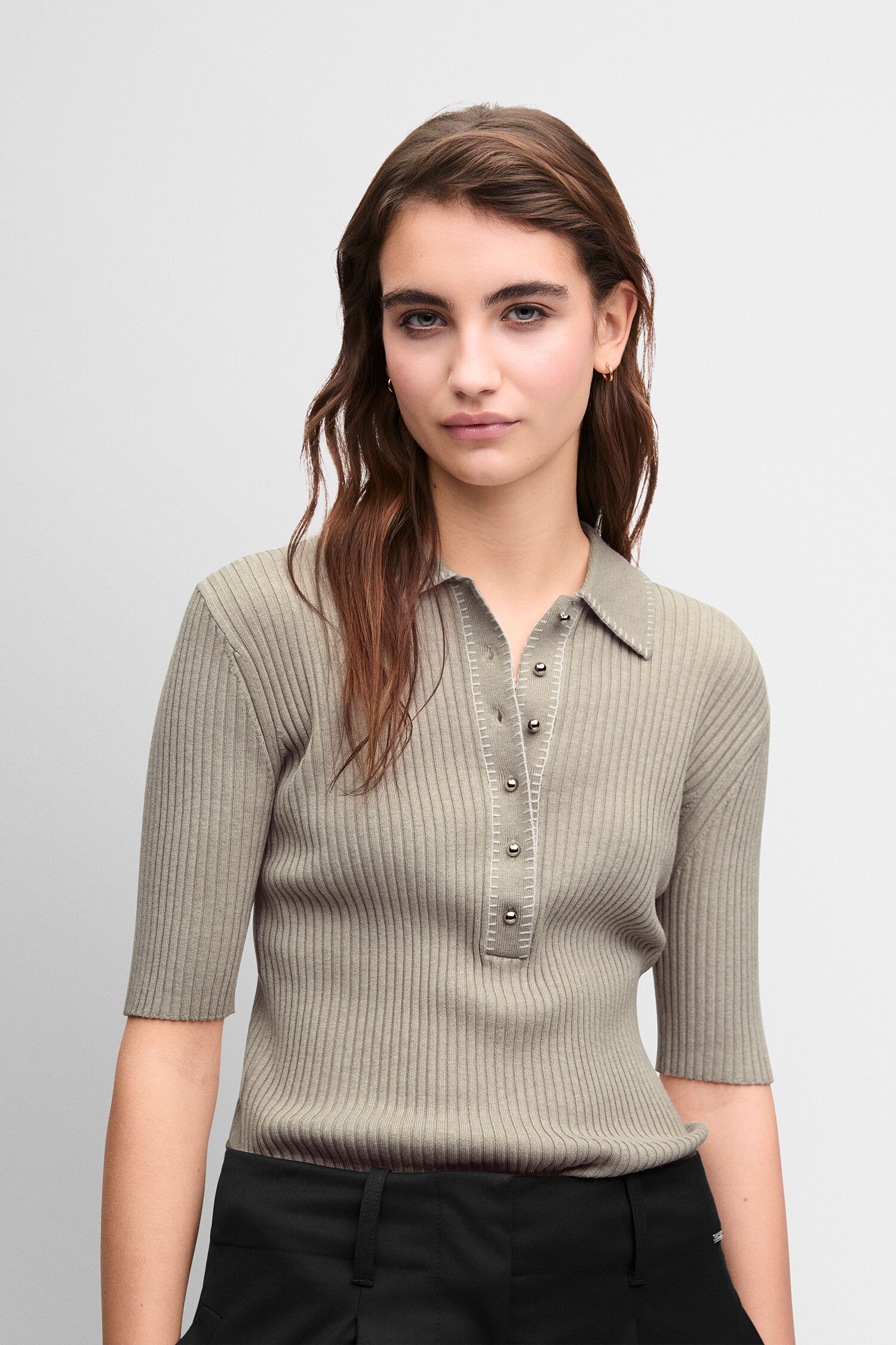 pullover, Rippstruktur, Knopfleiste, Beige, Kurzärmlig