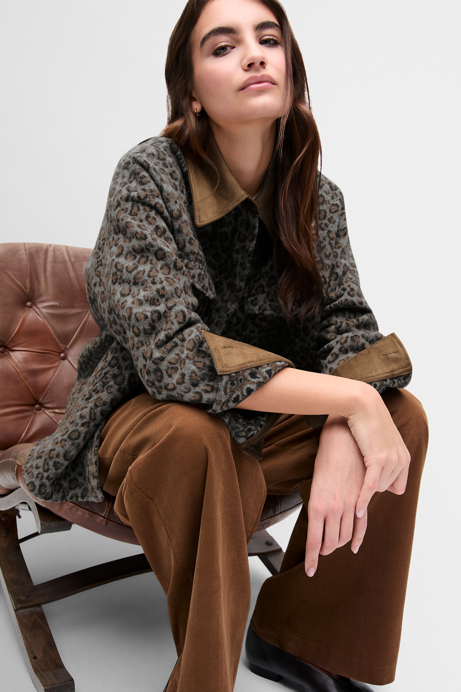 Leopardmuster, Fleecejacke, Sherpa, Oversized, Lederimitat