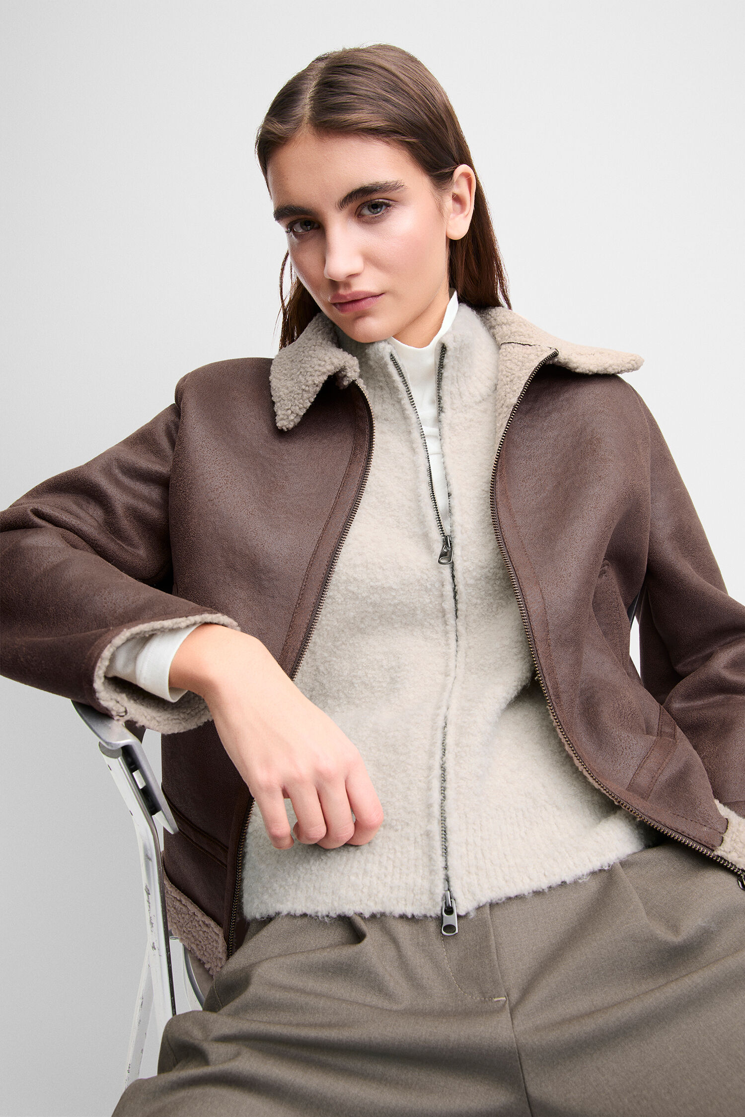 Lederjacke, Shearling, Bikerjacke, Braun, Reißverschluss