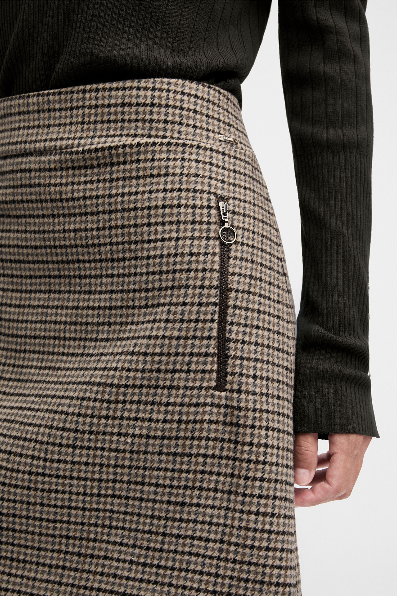 Hahnentritt, Bleistiftrock, Reißverschluss, Beige Braun, Tweed