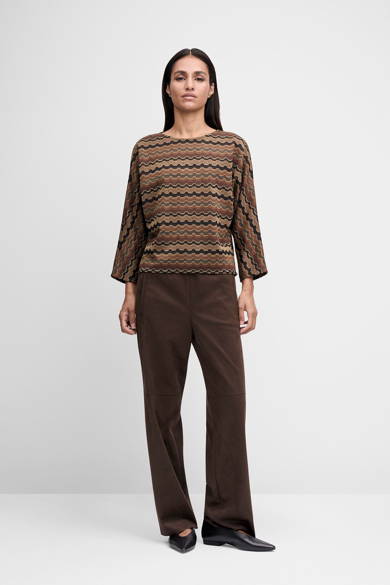 Pullover, Wellenmuster, Braun, Langarm, Kragenlos