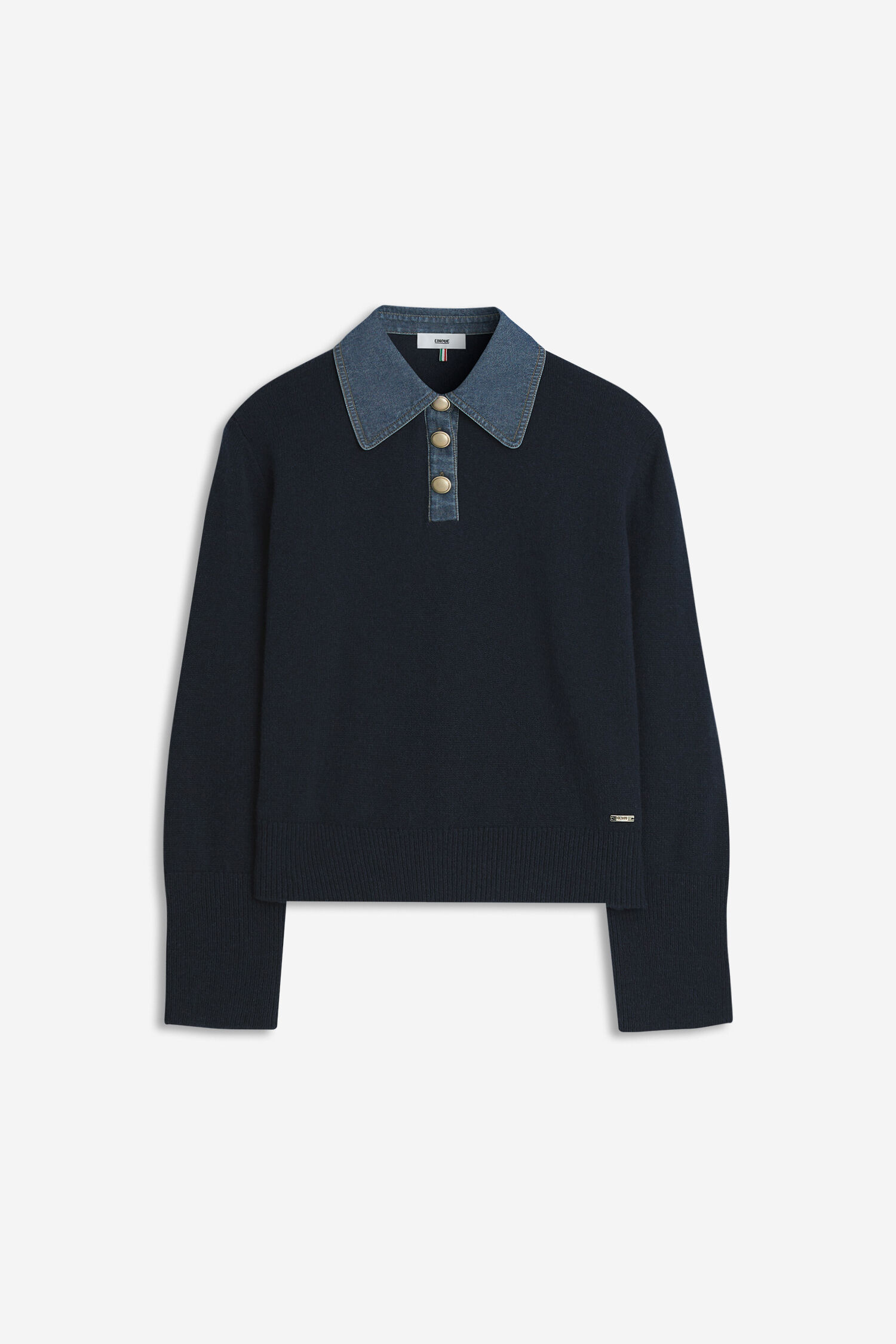 dunkelblaues Sweatshirt, Pullover, Kragen aus Jeansstoff, Knöpfe, Langarm