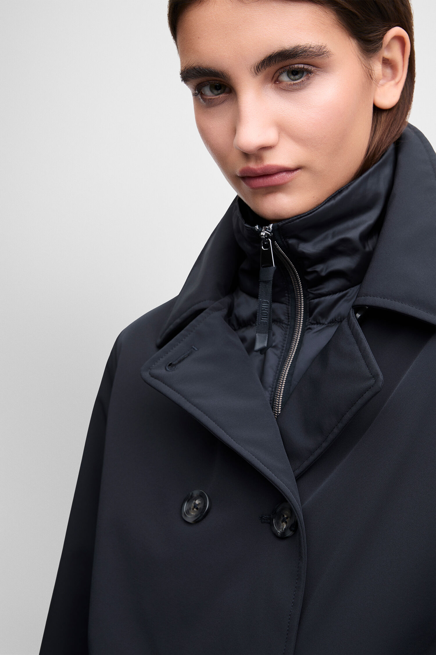 dunkelblauer Mantel, Trenchcoat, Knopfleiste, Oversized, Jacke mit Reißverschluss innen