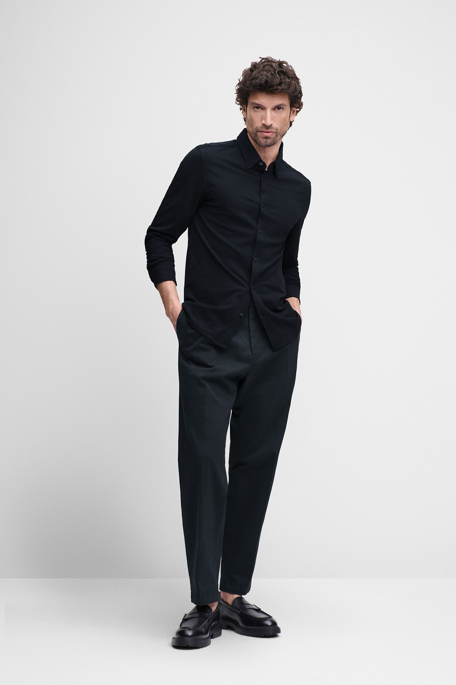 Hemd, Langarm, Dunkel, Kragen, Hose