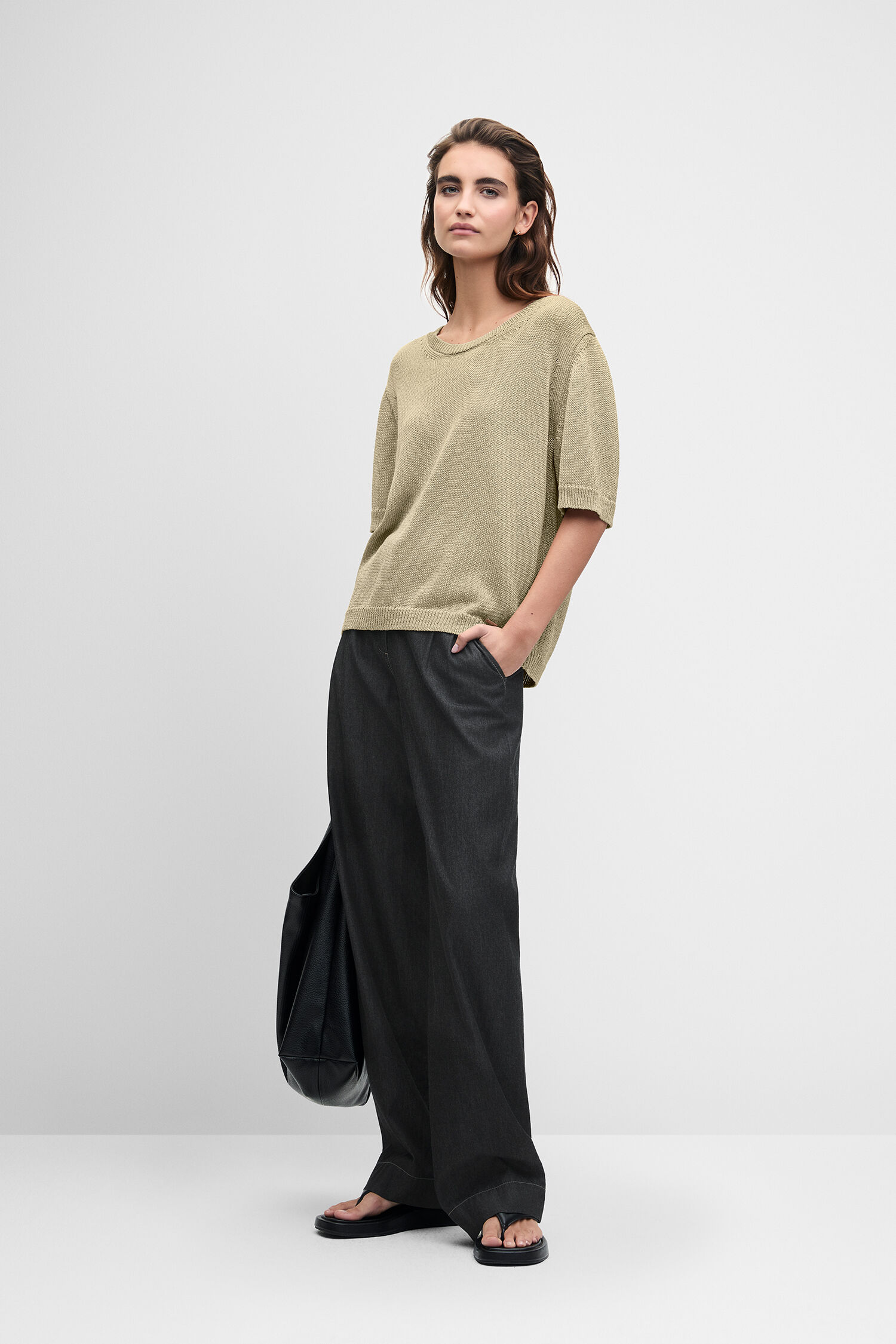Knit-Top, Beige, Kurzarm, Lockere Passform, Weite Hose