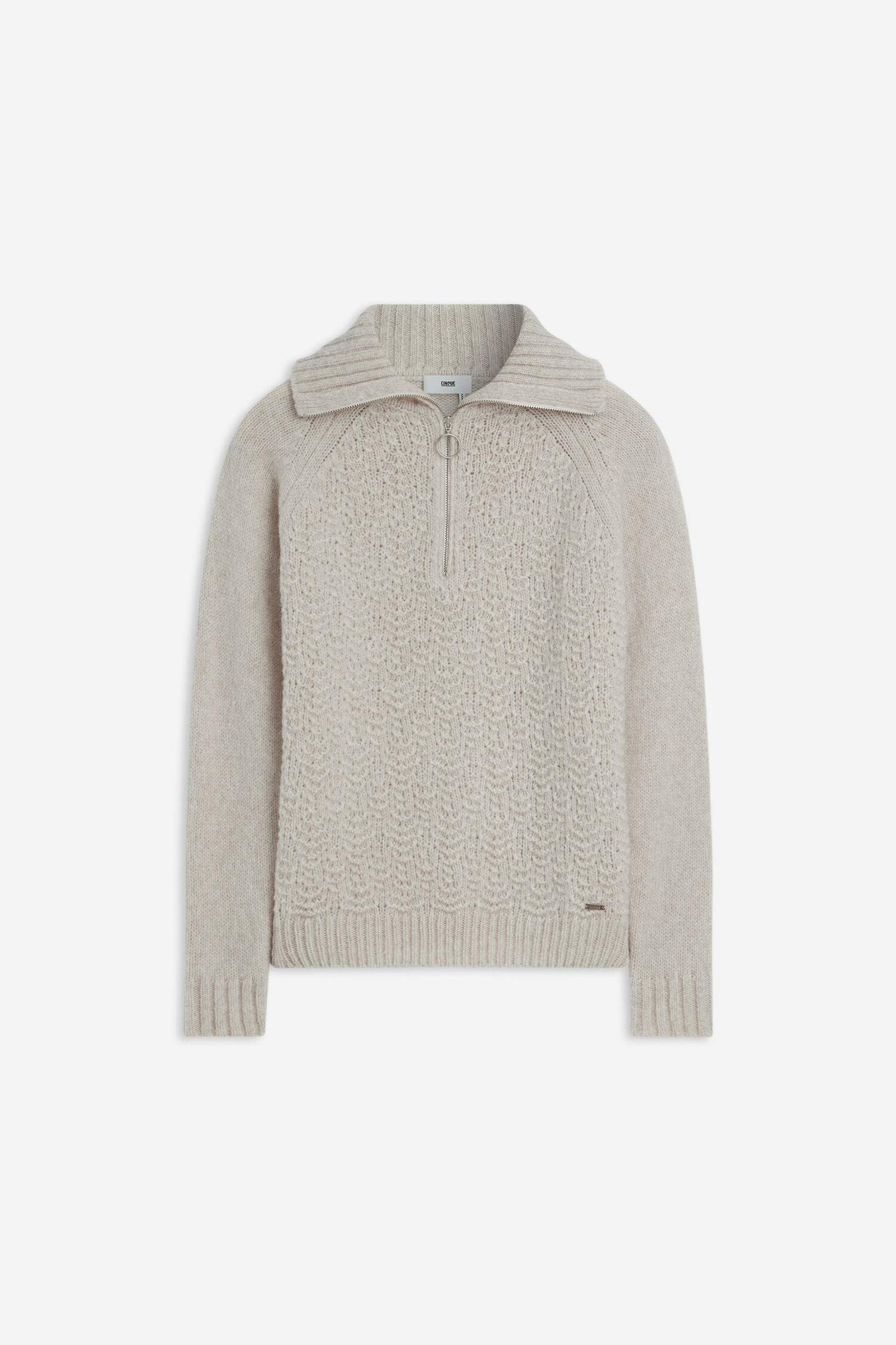 pullover, strickpullover, Reißverschluss, Hochkragen, beige