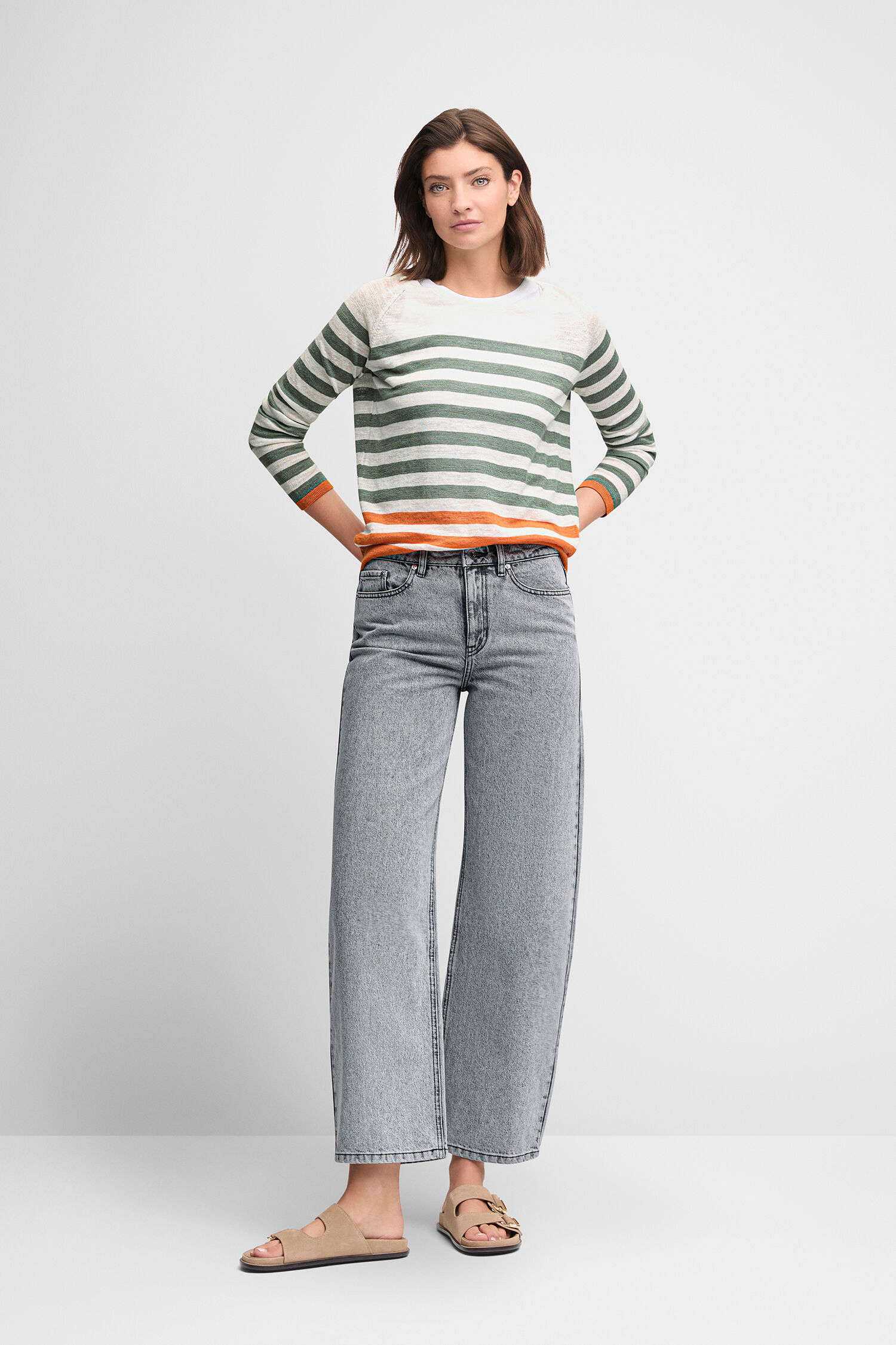 Langarm, Bluse, Pullover, Jeanshose, Person