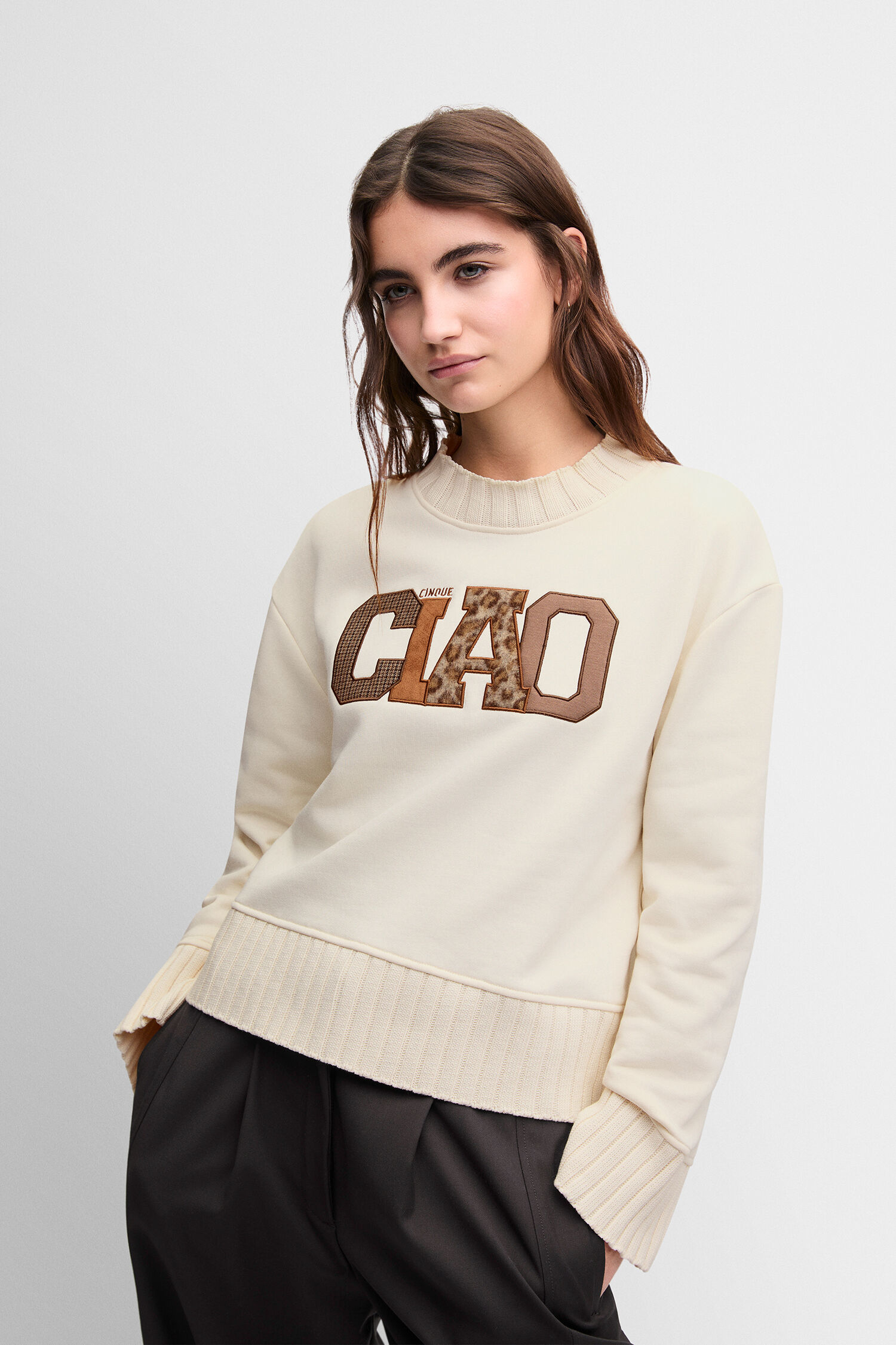 Sweatshirt, Beige, Kragenripp, Logo-Print, Oversized