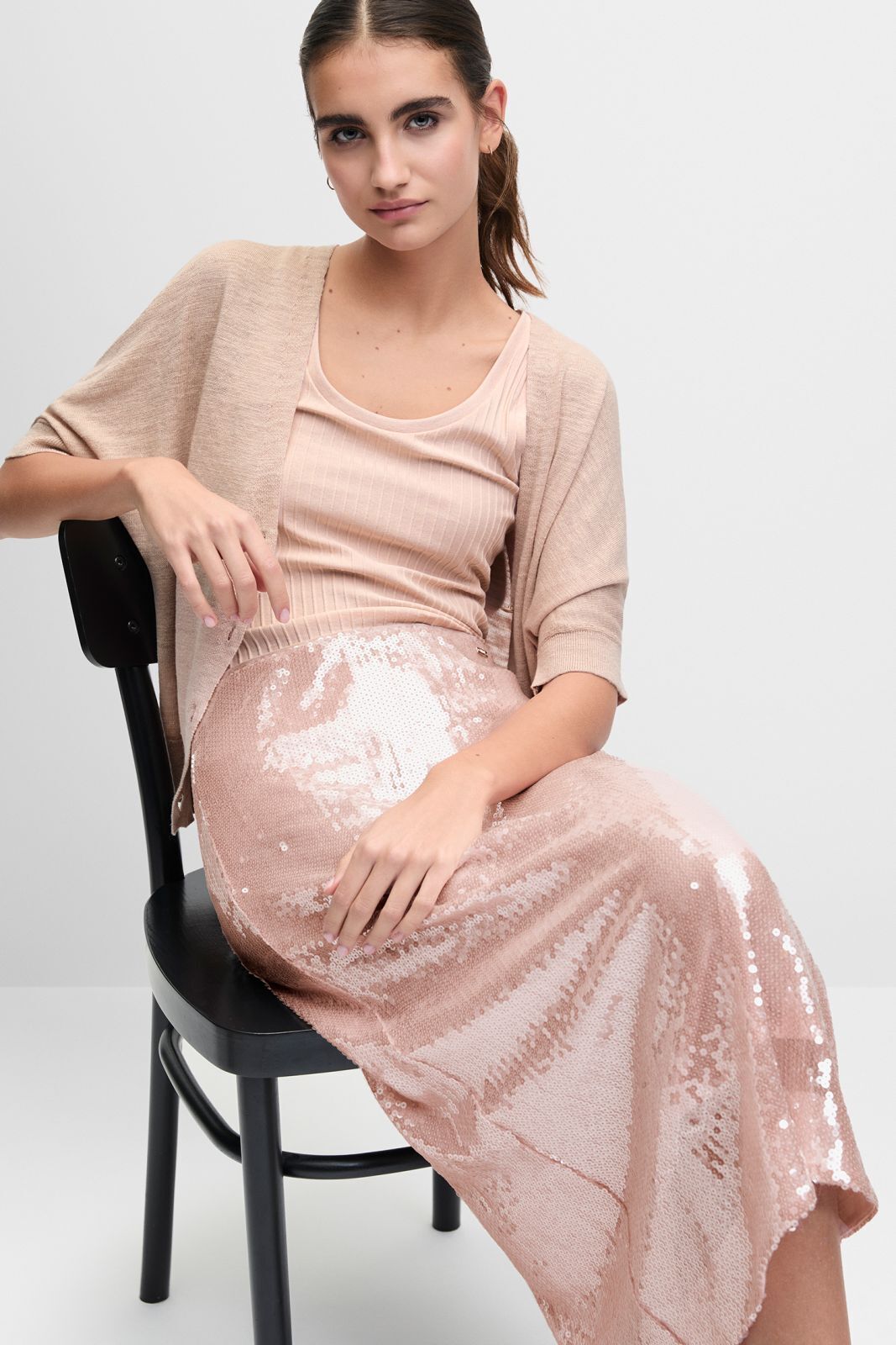 Rosaoberteil,  Cardigan,  Seideneffekt,  Paillettenkleid,  Maxi
