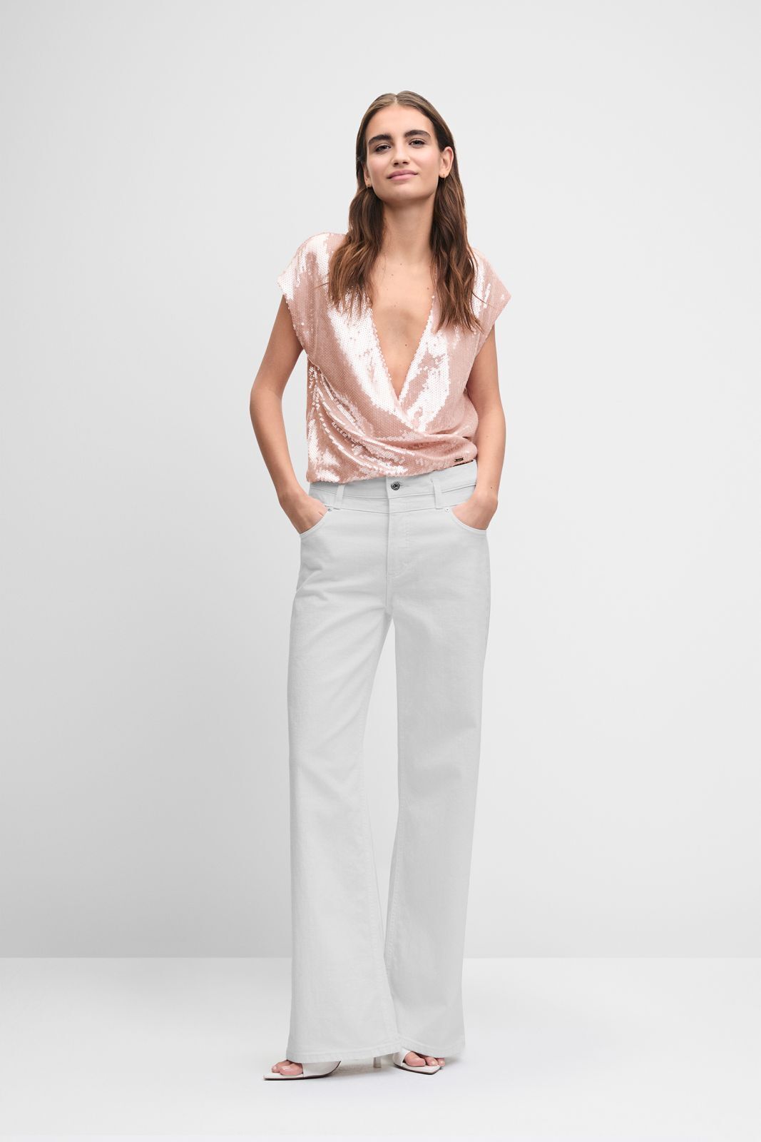 Sequinedes Top, Blassrosa, V-Ausschnitt, Kurzärmlig, Wrap-Top