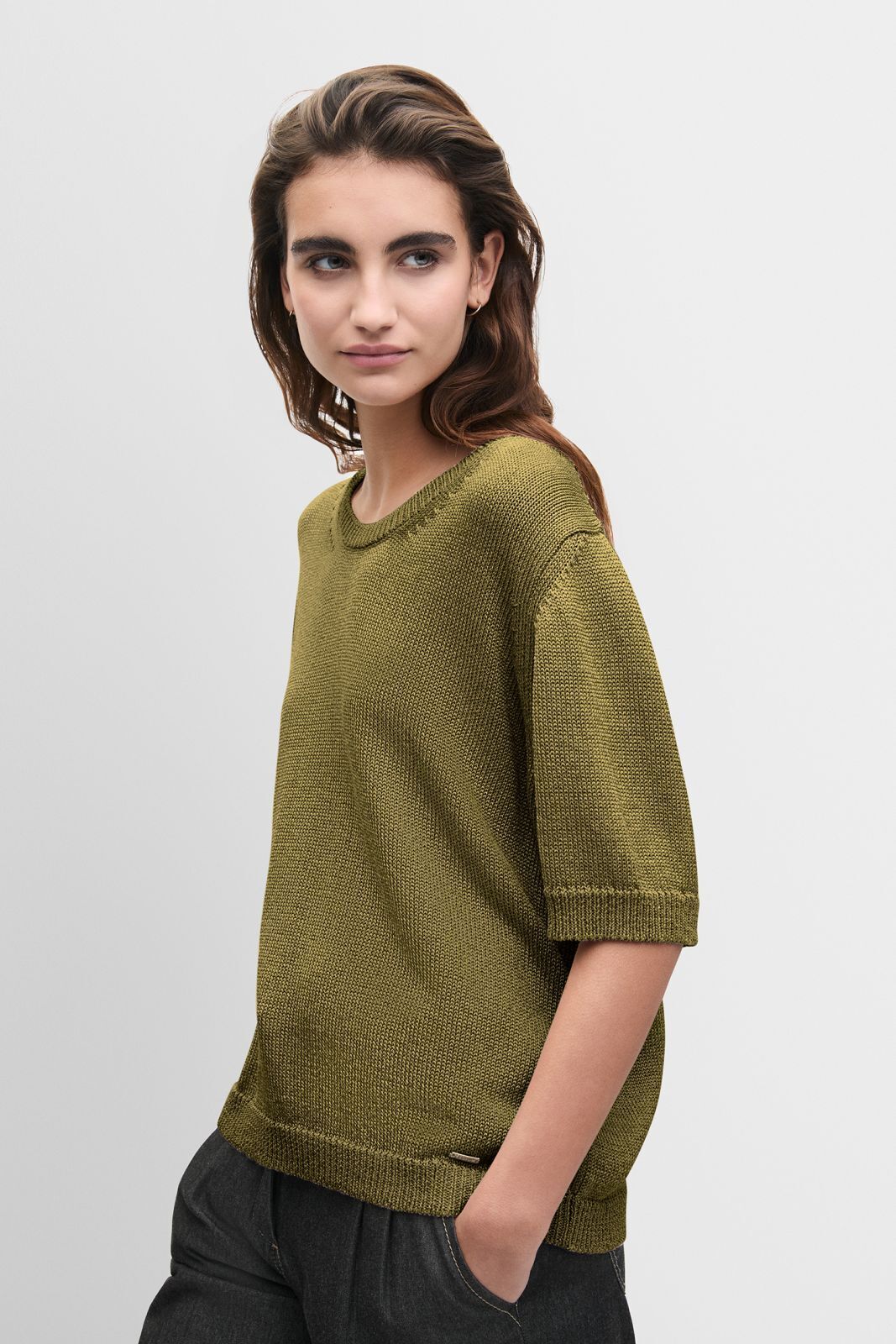 Knitztop, Olive, Kurzarm, Rundhalsausschnitt, Weiches Material