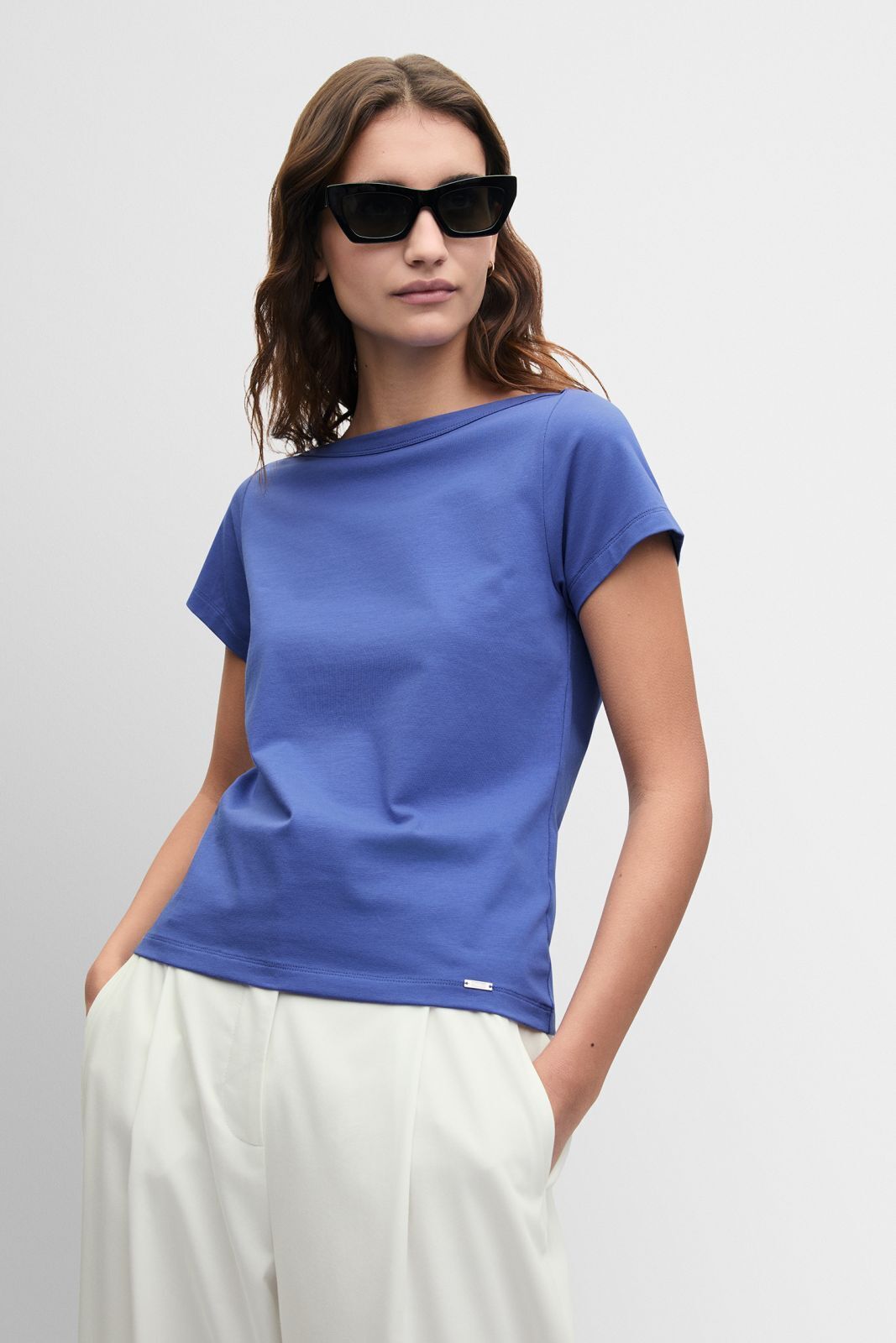 t-shirt, blau, kurzärmelig, rundhals, casual